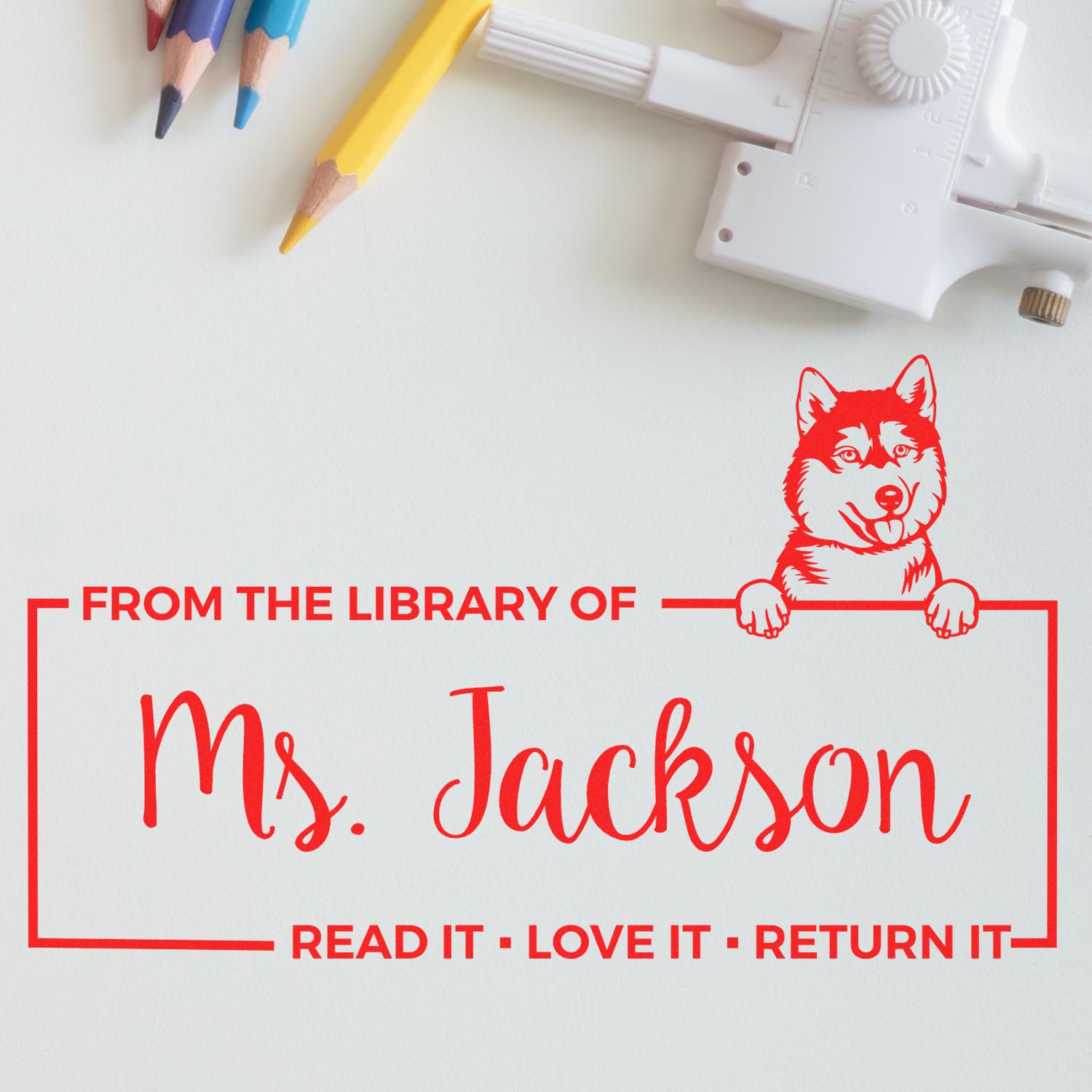 Custom Personal Book Stamp with Siberian Husky - Engineer Seal Stamps