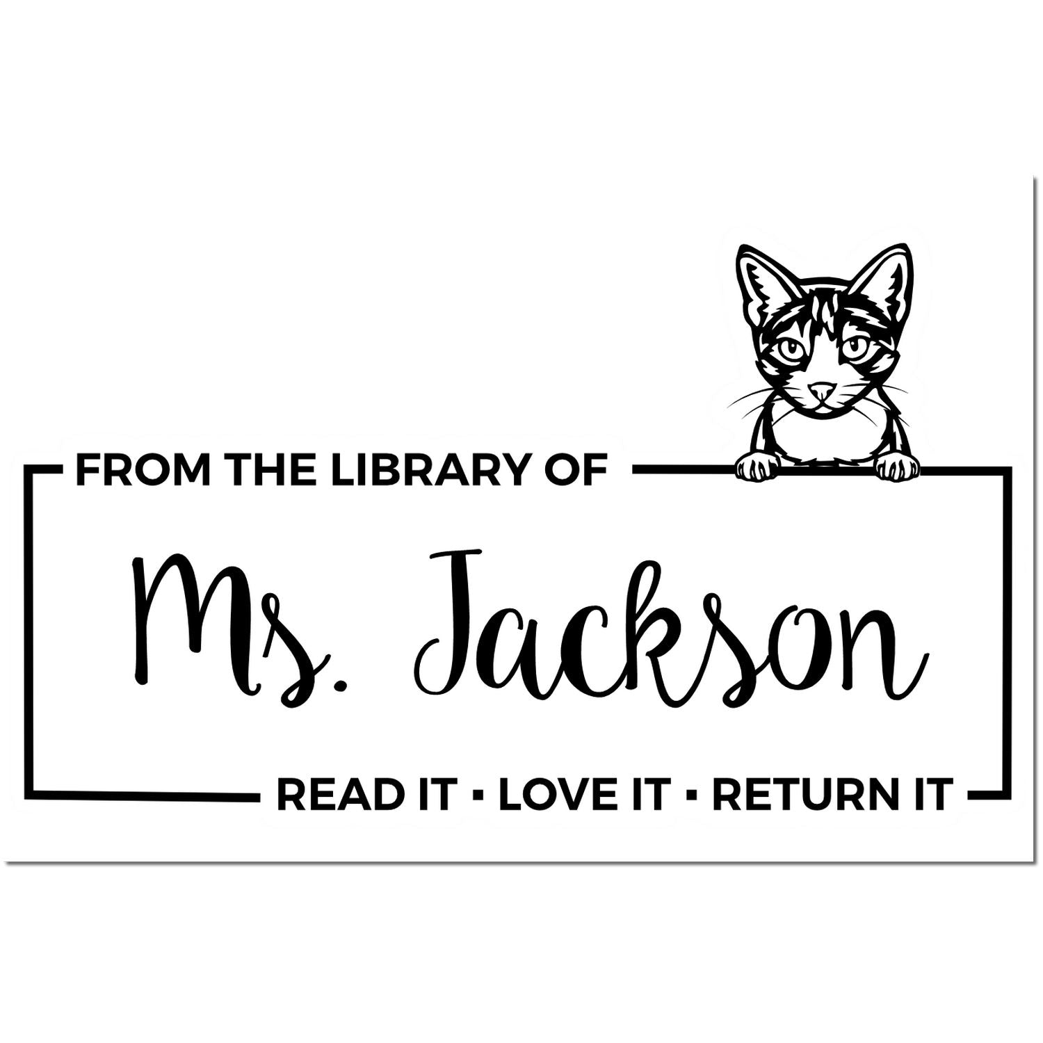 Black-and-white custom library return stamp with cat, Ms. Jackson, and Read it Love it Return it text.