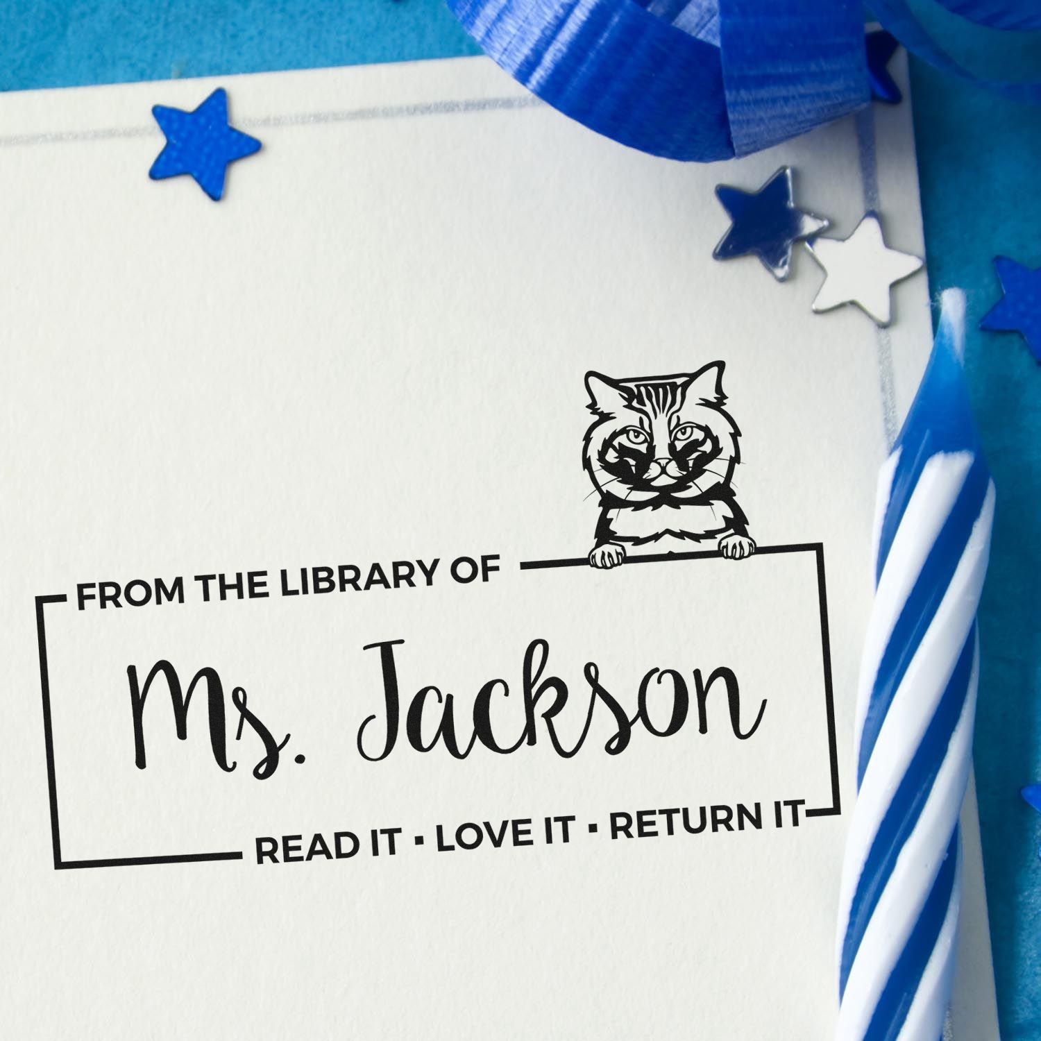 Custom Book Label Stamp with American Bobtail Cat - Engineer Seal Stamps