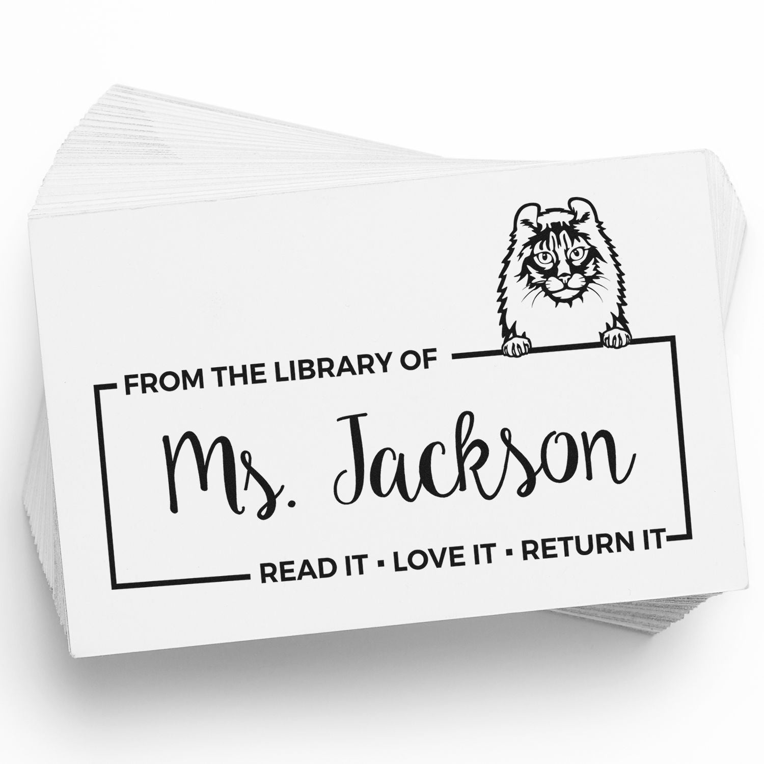 Custom Book Label Stamper with American Curl Cat - Engineer Seal Stamps