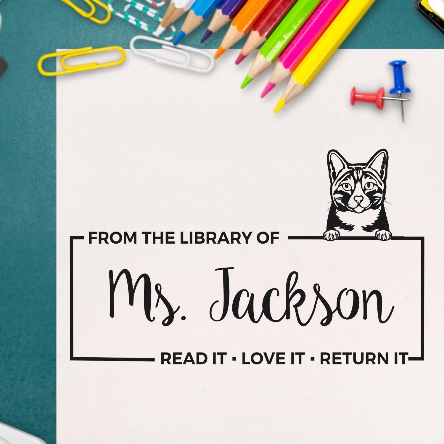 Customized Library Stamp with Arabian Mau Cat - Engineer Seal Stamps