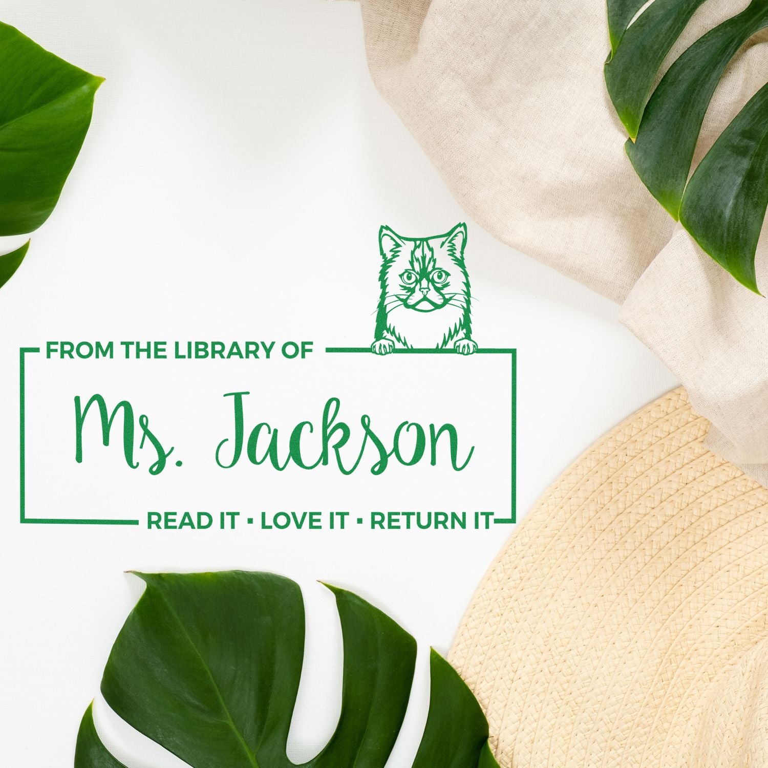 Custom Book Borrowing Rules Stamper with Asian Semi Longhair Cat - Engineer Seal Stamps