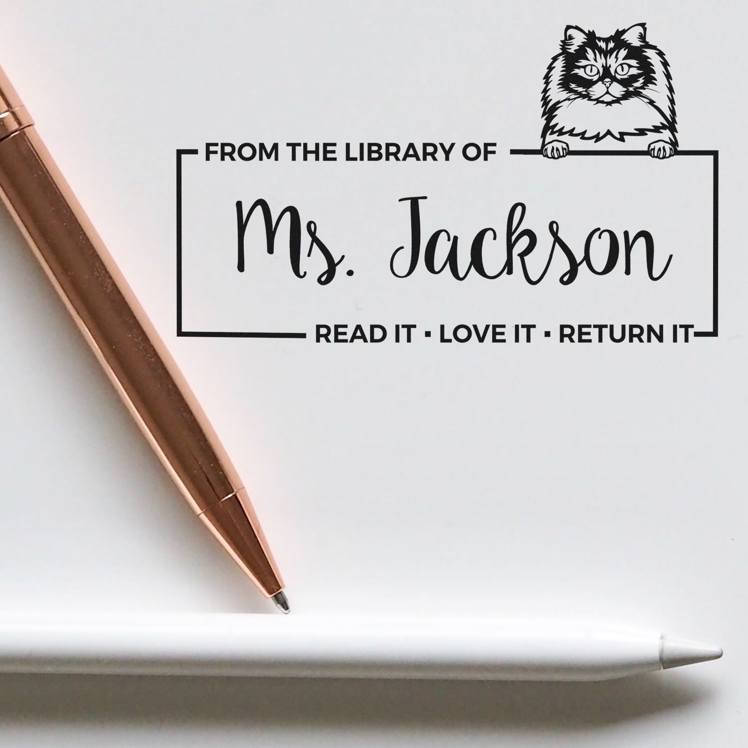 Custom Book Lending Tool Stamp with British Longhair Cat - Engineer Seal Stamps