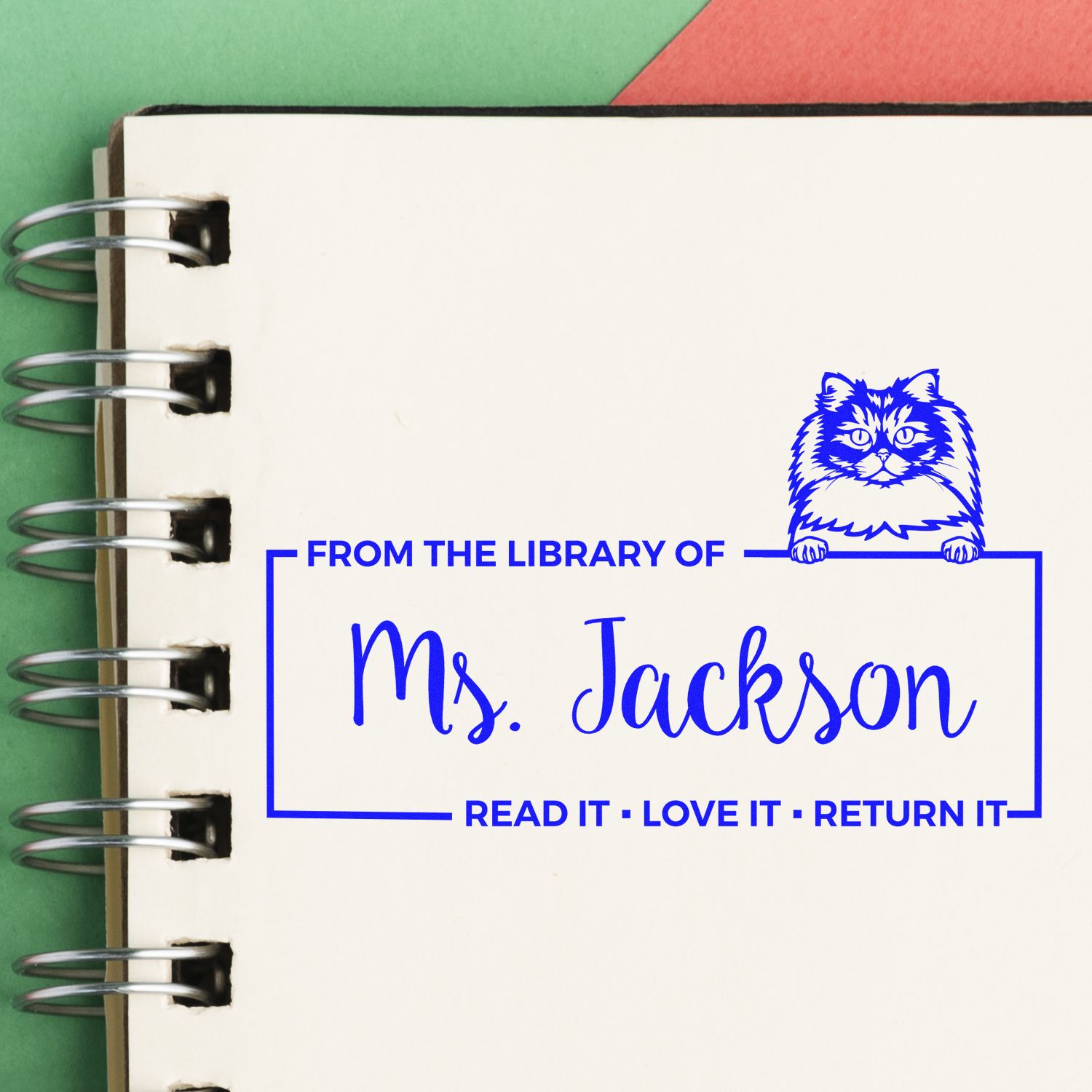 Custom Book Lending Tool Stamp with British Longhair Cat - Engineer Seal Stamps