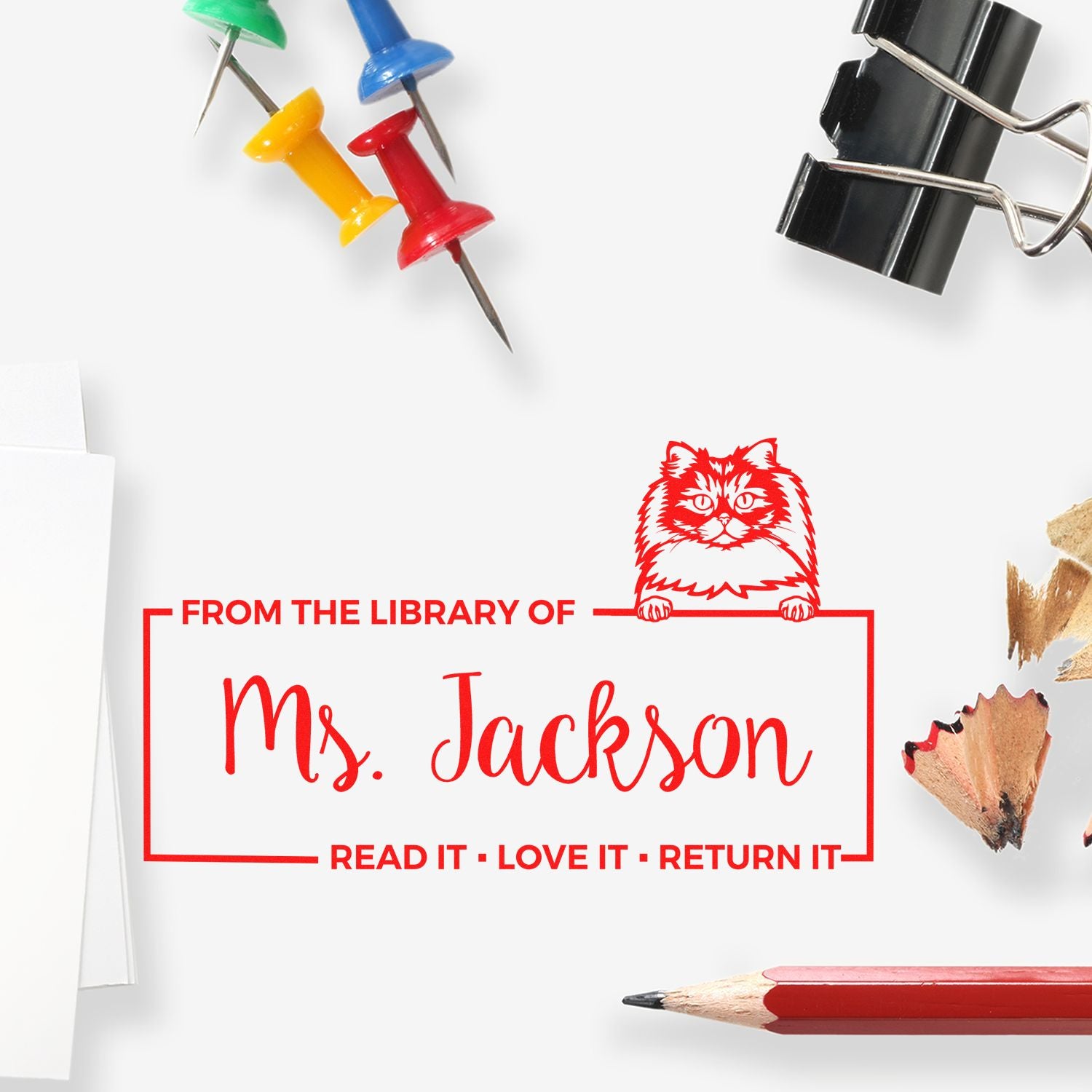 Custom Book Lending Tool Stamp with British Longhair Cat - Engineer Seal Stamps