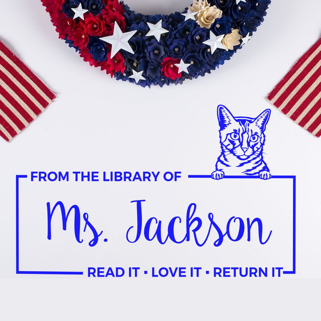 Custom Return Library Book Stamp with California Spangled Cat - Engineer Seal Stamps