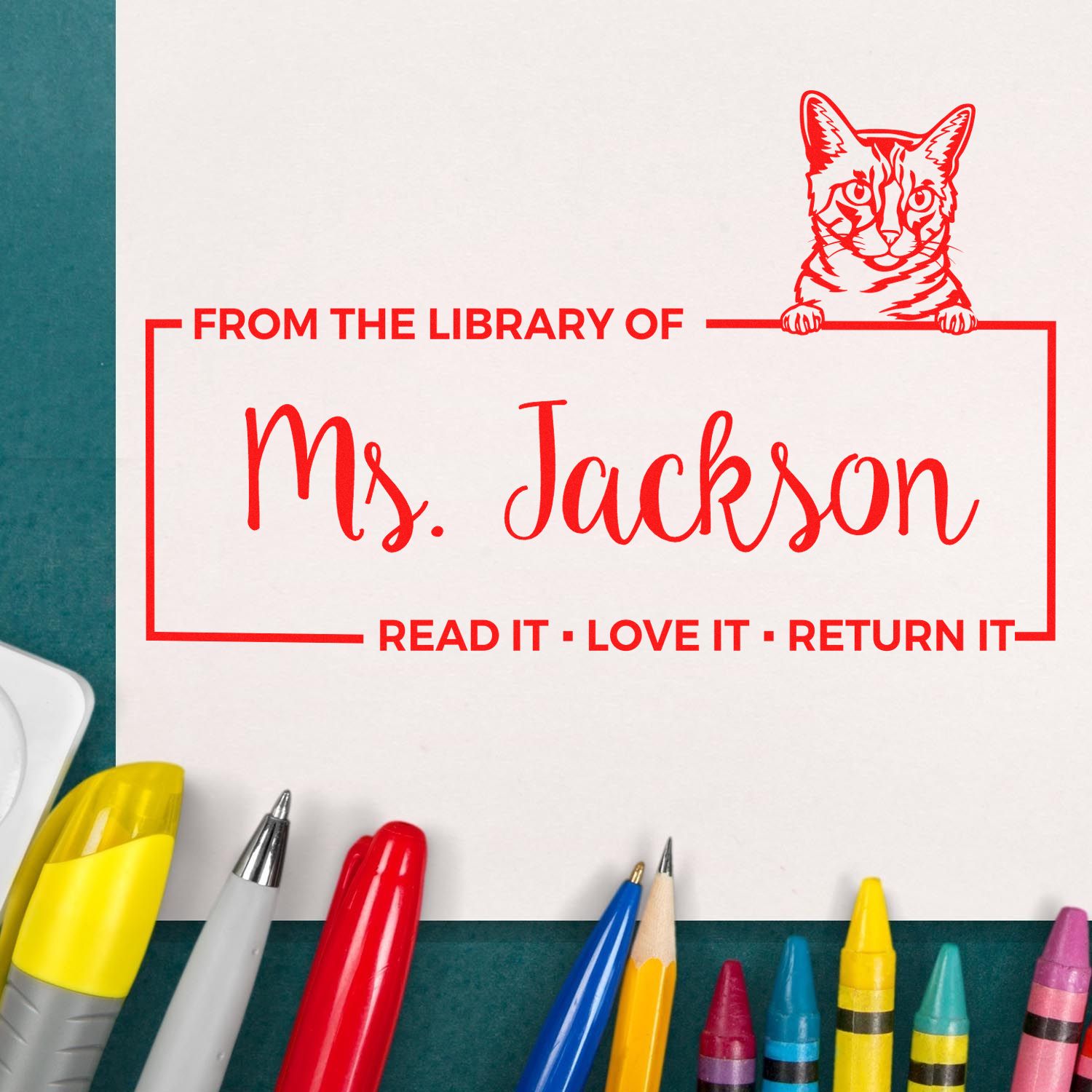 Custom Return Library Book Stamp with California Spangled Cat - Engineer Seal Stamps