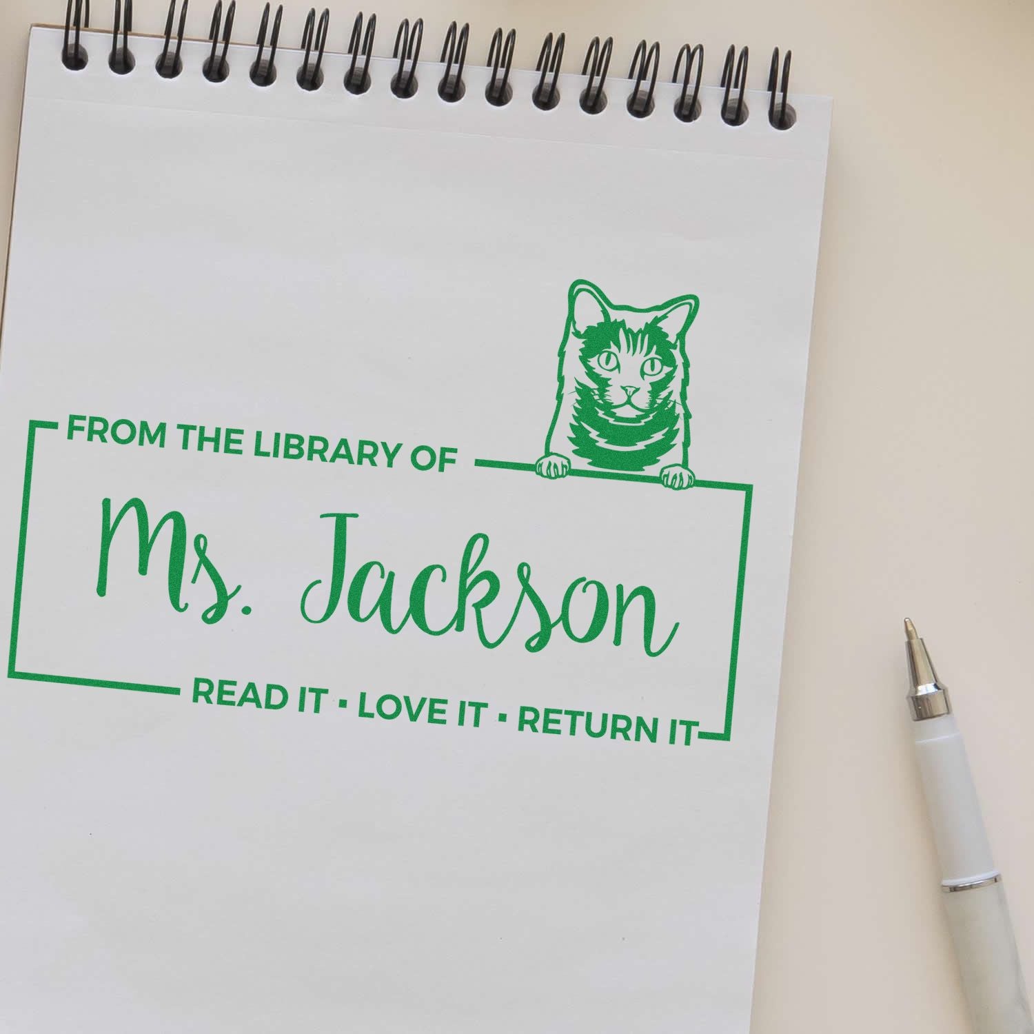 Custom Return Library Book Stamper with Chartreux Cat - Engineer Seal Stamps