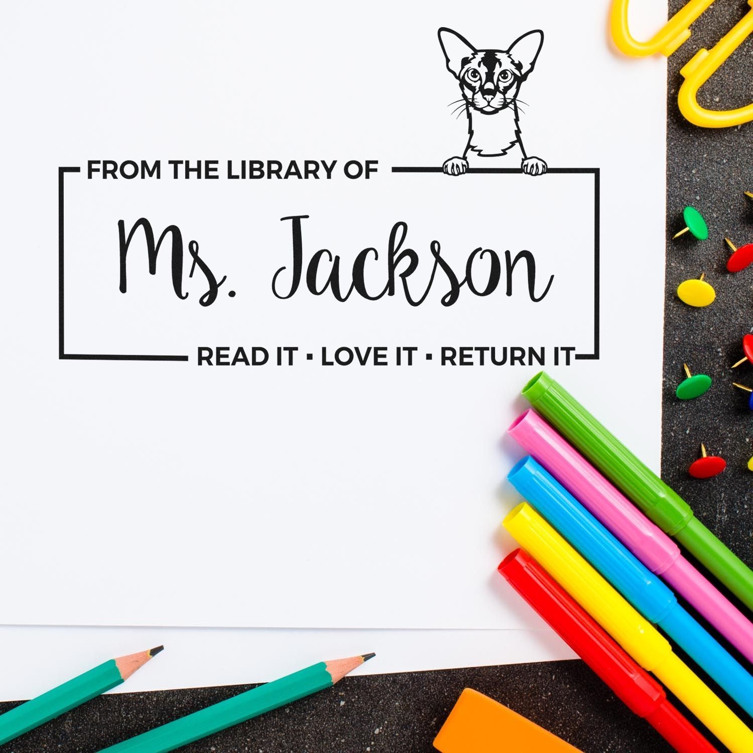 Custom Book Return Reminder Stamper with Colorpoint Shorthair Cat - Engineer Seal Stamps
