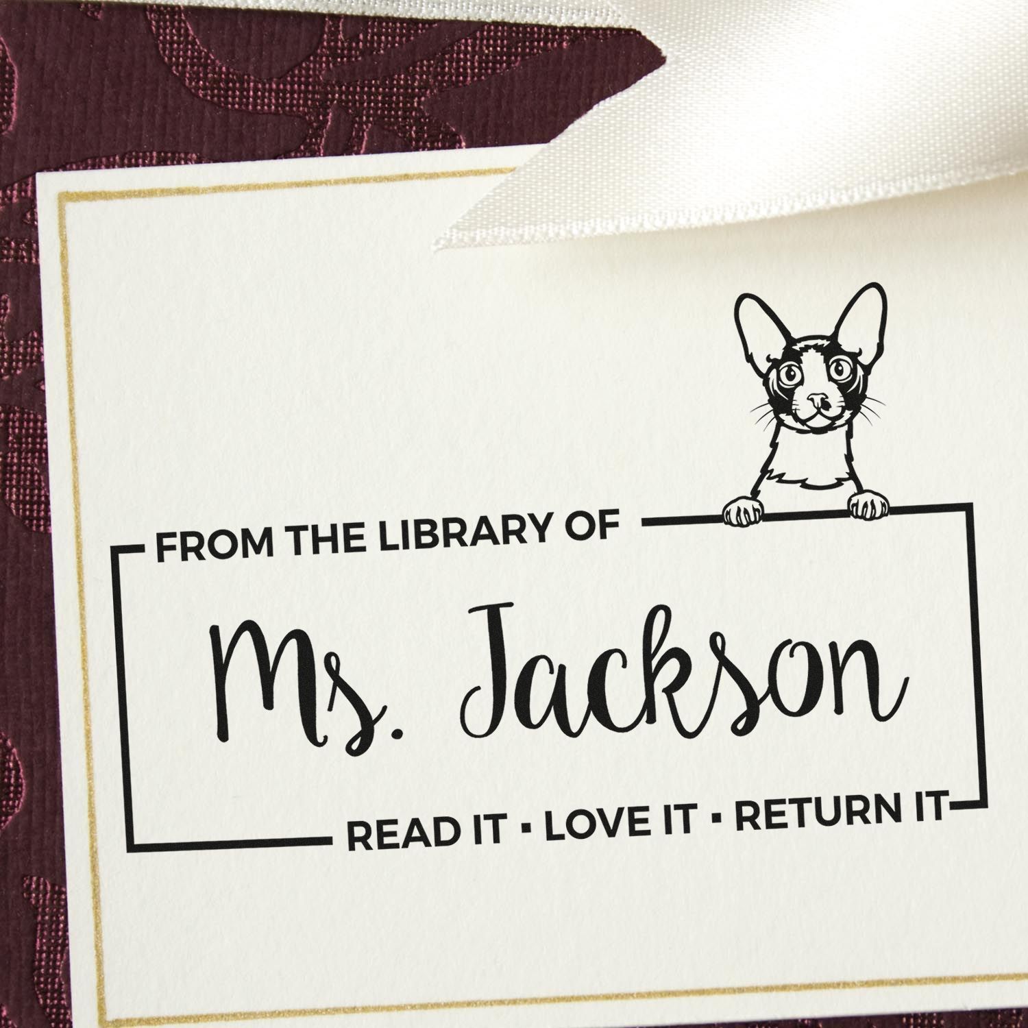 Customized Classroom Book Stamp with Cornish Rex Cat - Engineer Seal Stamps