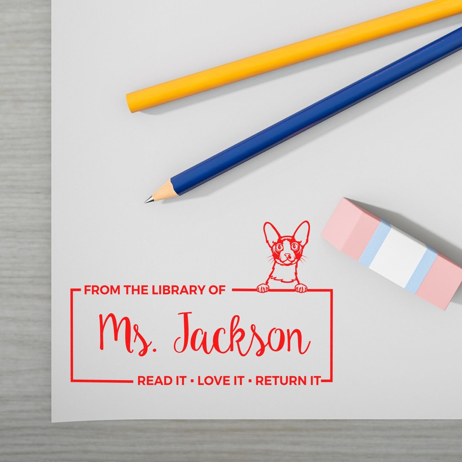Customized Classroom Book Stamp with Cornish Rex Cat - Engineer Seal Stamps
