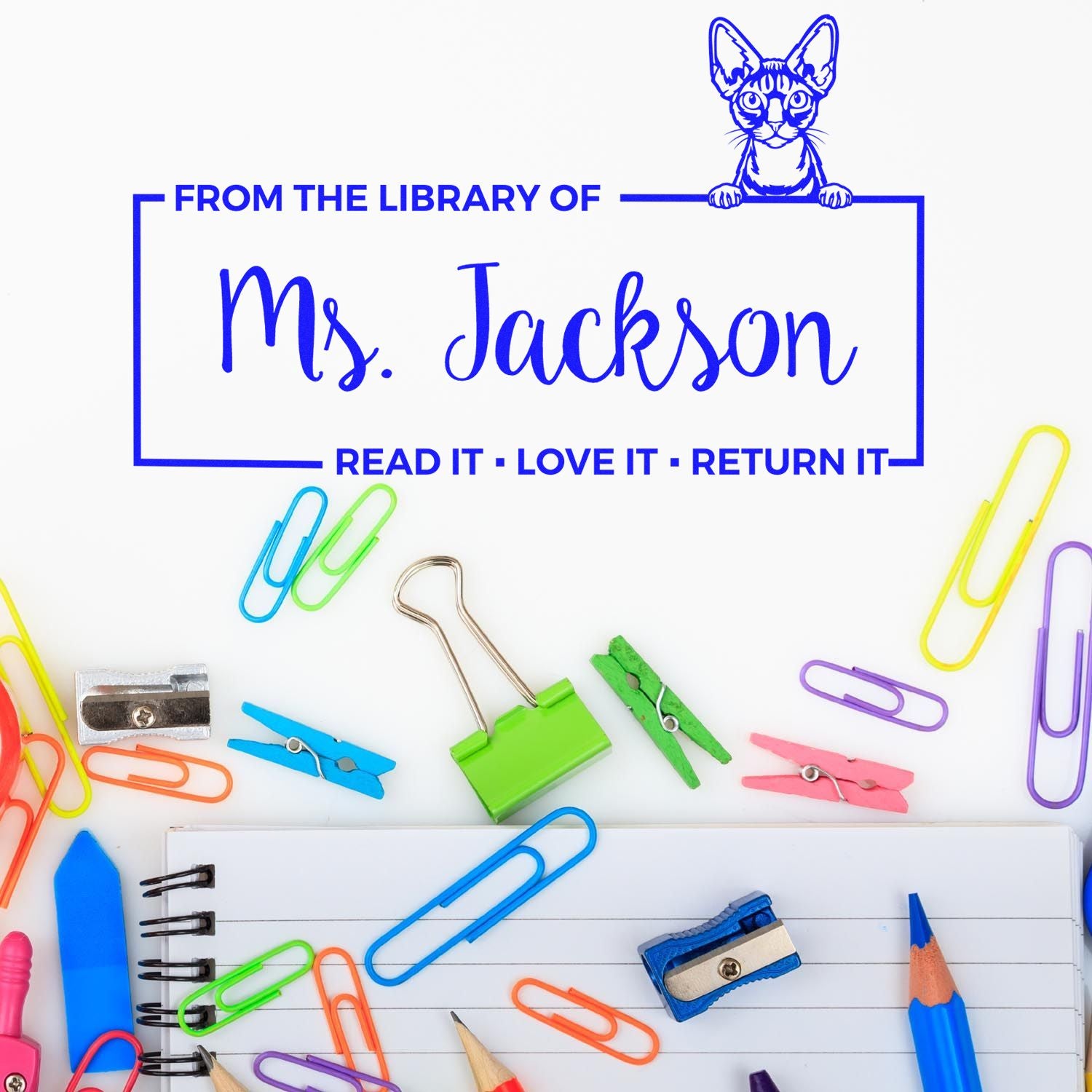 Customized Classroom Book Stamper with Devon Rex Cat - Engineer Seal Stamps