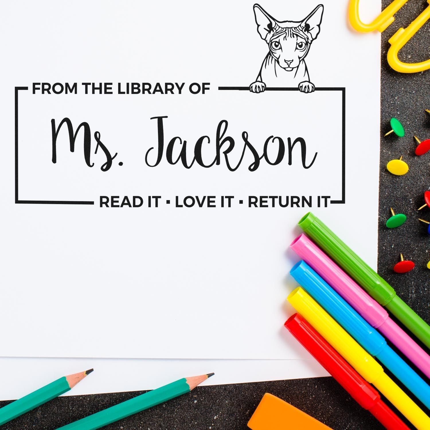 Custom Personal Lending Library Stamp with Don Sphynx Cat - Engineer Seal Stamps