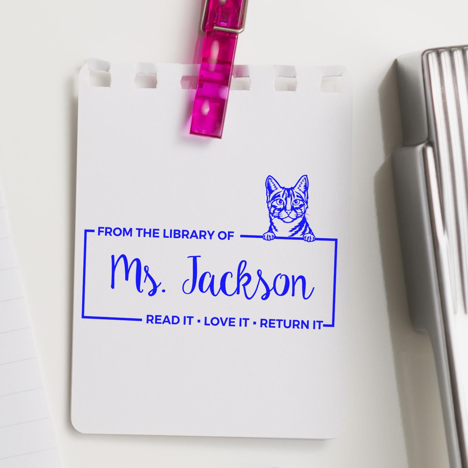 Custom Borrow And Love Stamper with Egyptian Mau Cat - Engineer Seal Stamps