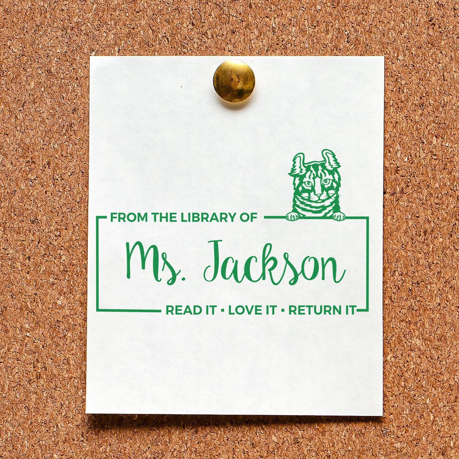 Custom Love Your Library Stamp with Highlander Cat - Engineer Seal Stamps
