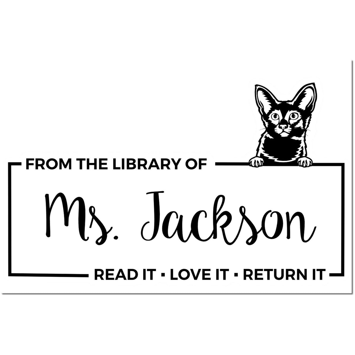 Black-and-white custom library stamp seal with cat peeking over frame, Ms. Jackson and Read it Love it Return it.
