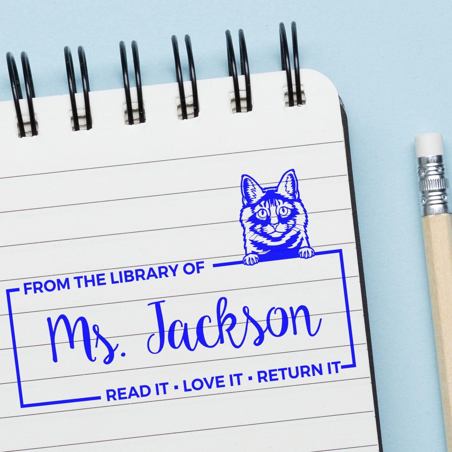 Custom Library Management Stamp with Kurilian Bobtail Cat - Engineer Seal Stamps