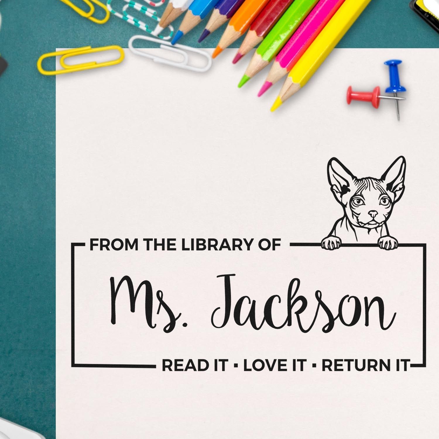Custom Library Book Check-Out Stamp with Minskin Cat - Engineer Seal Stamps