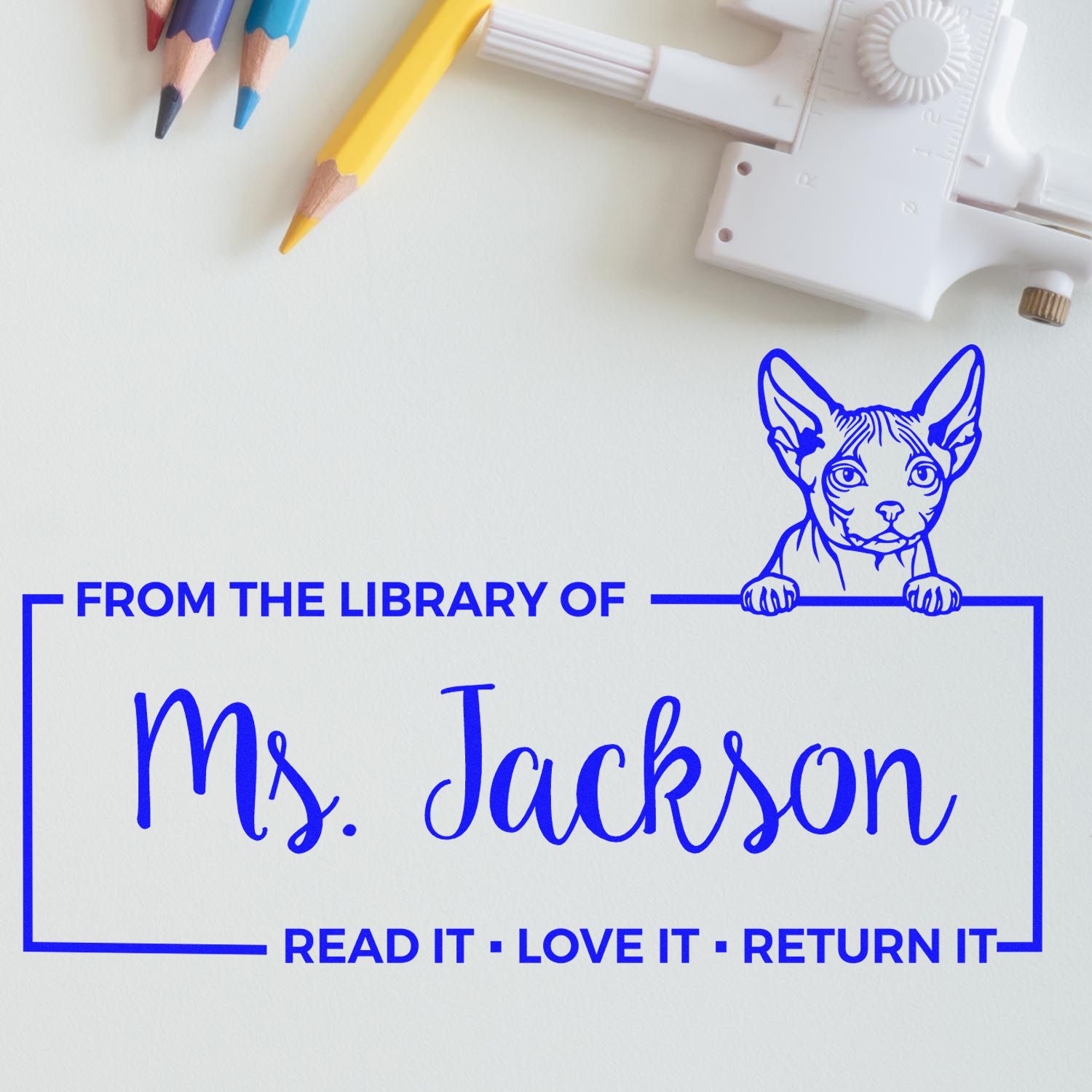 Custom Library Book Check-Out Stamp with Minskin Cat - Engineer Seal Stamps