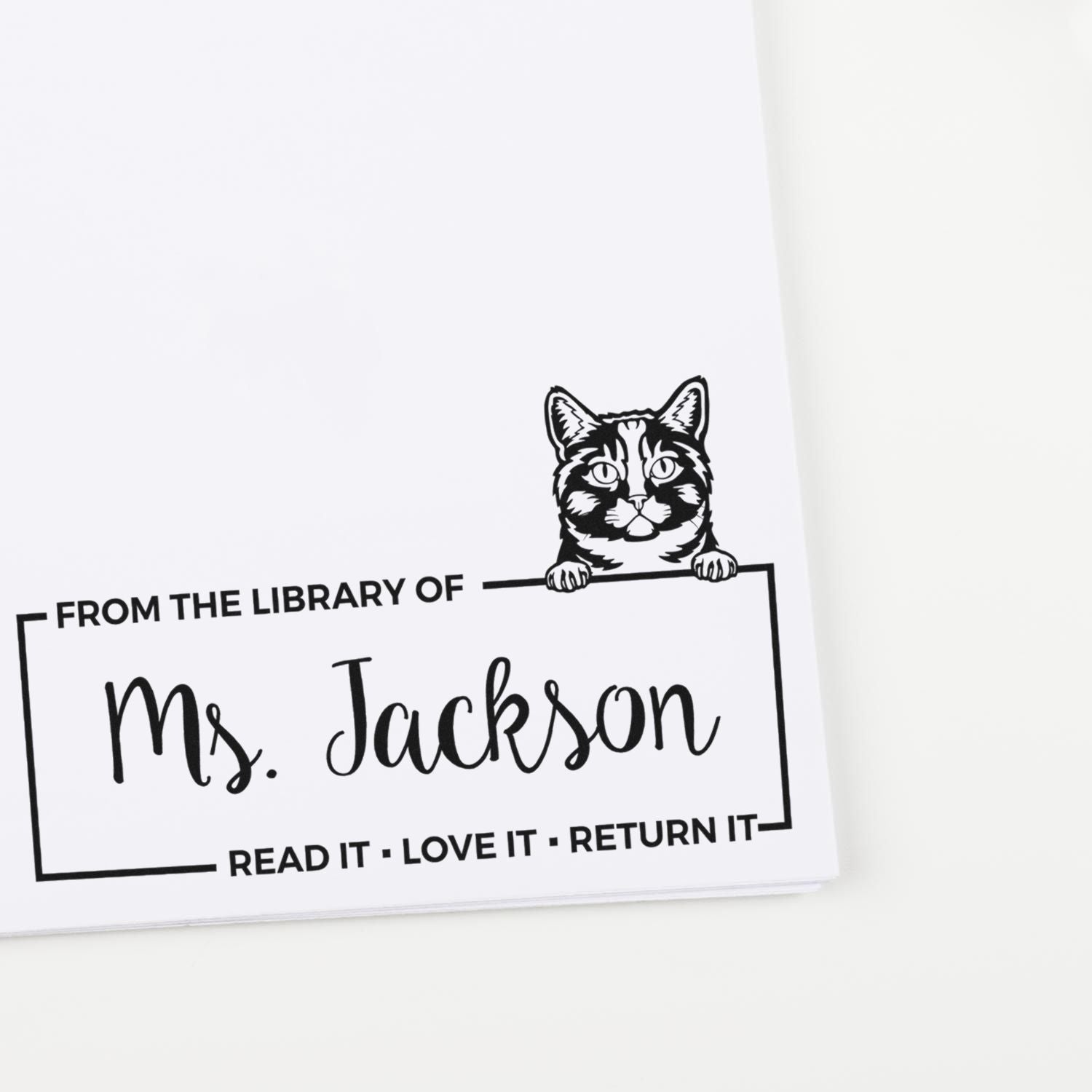 Custom Library Book Check-Out Stamper with Munchkin Cat - Engineer Seal Stamps