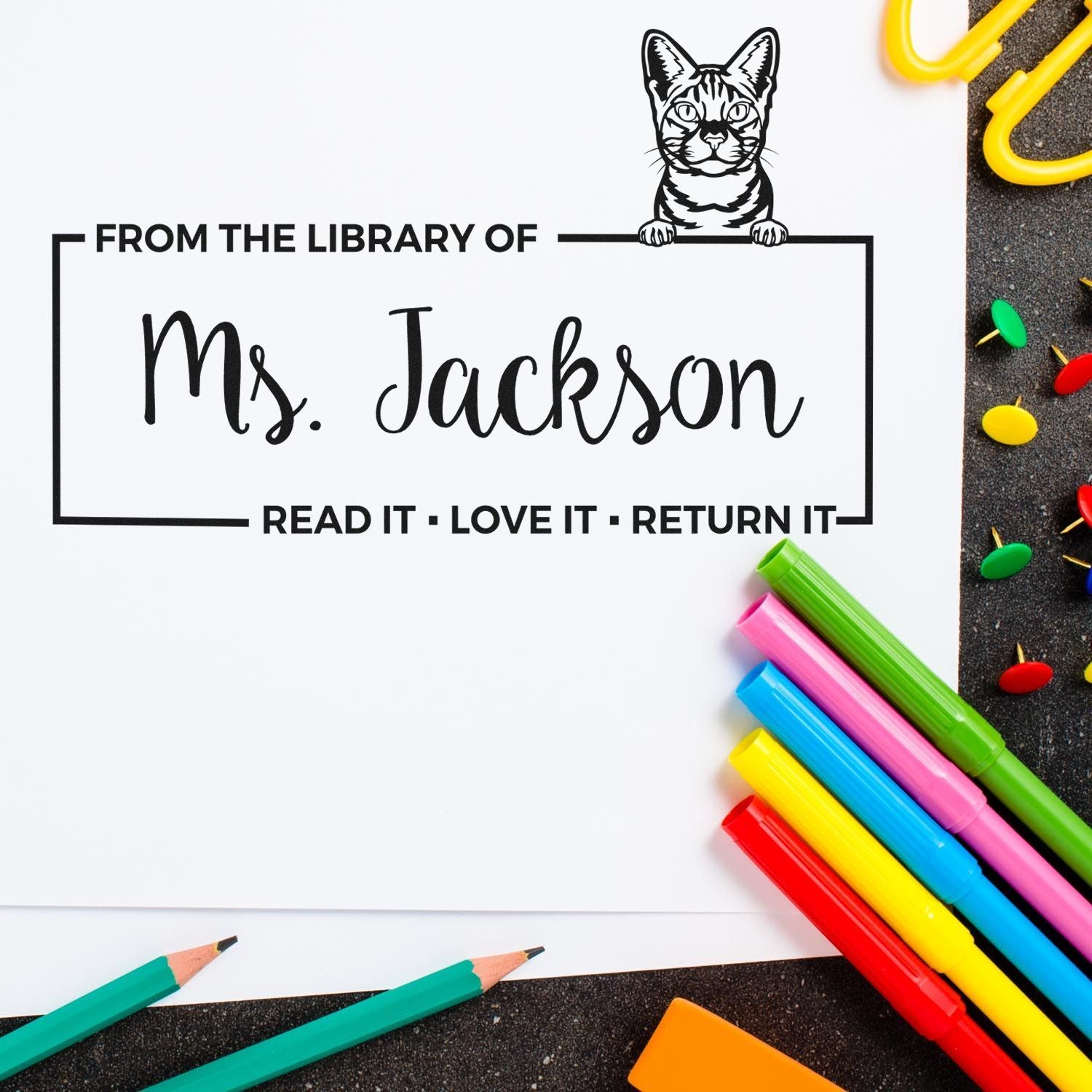 Self-Inking Ocicat Custom Made Cat Book Ownership Read It Return Stamp - Engineer Seal Stamps