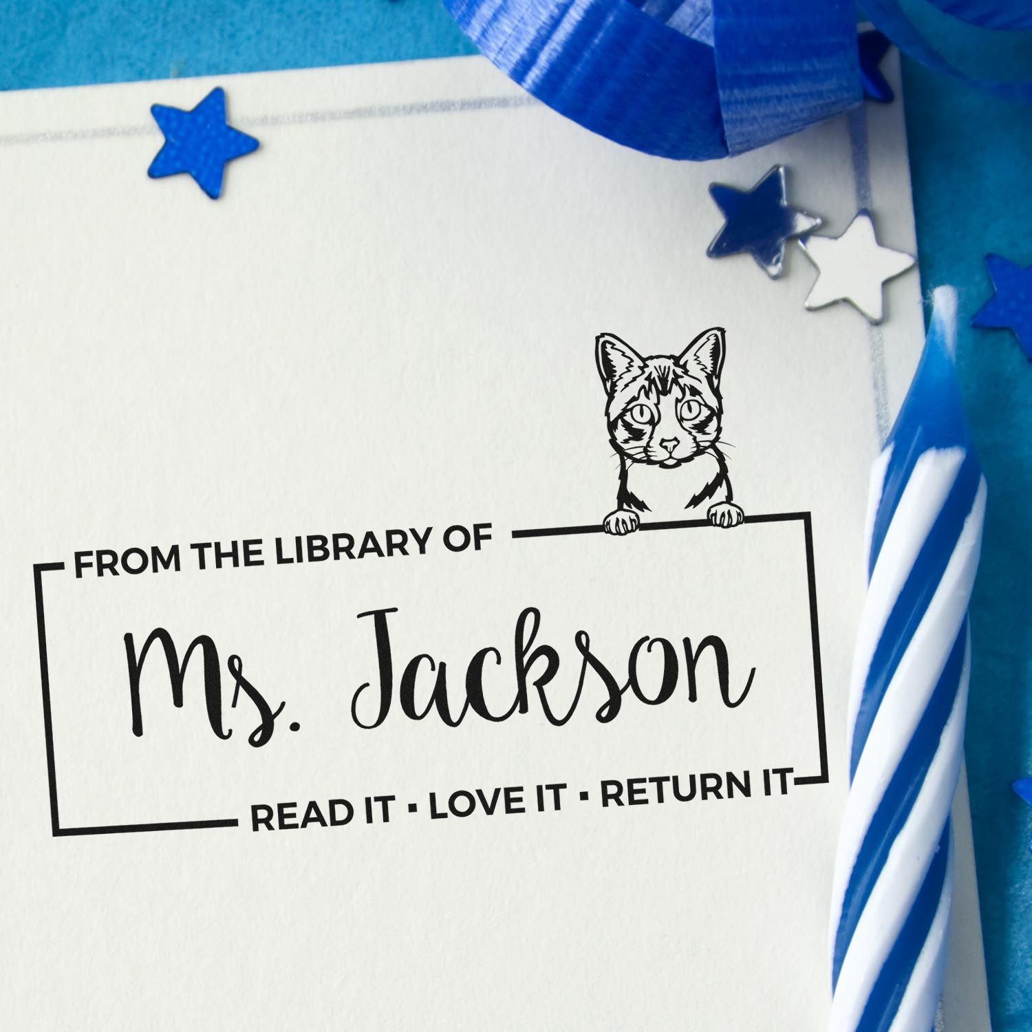 Custom Classroom Ownership Stamp with Ojos Azules Cat - Engineer Seal Stamps
