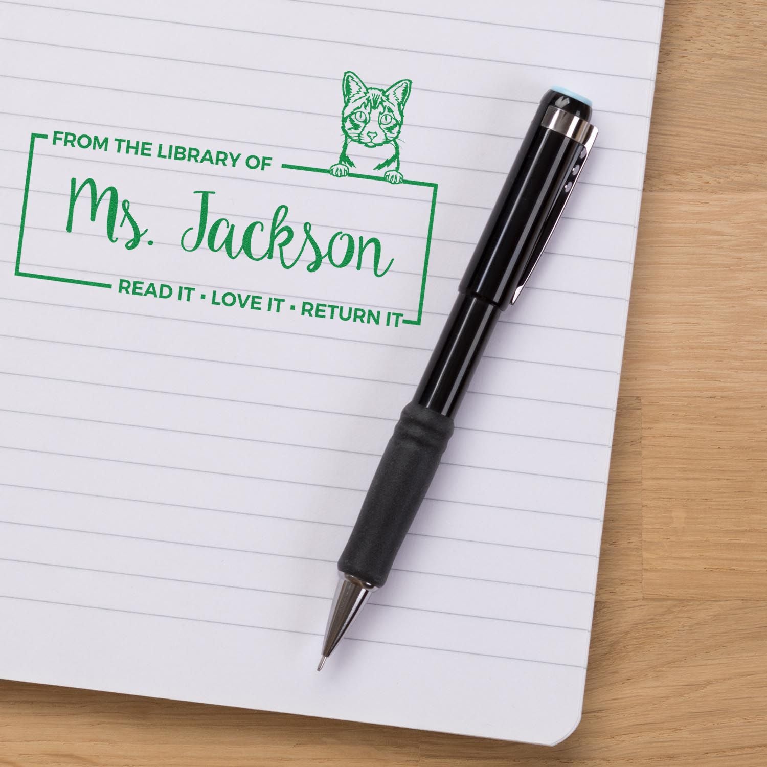 Custom Classroom Ownership Stamp with Ojos Azules Cat - Engineer Seal Stamps