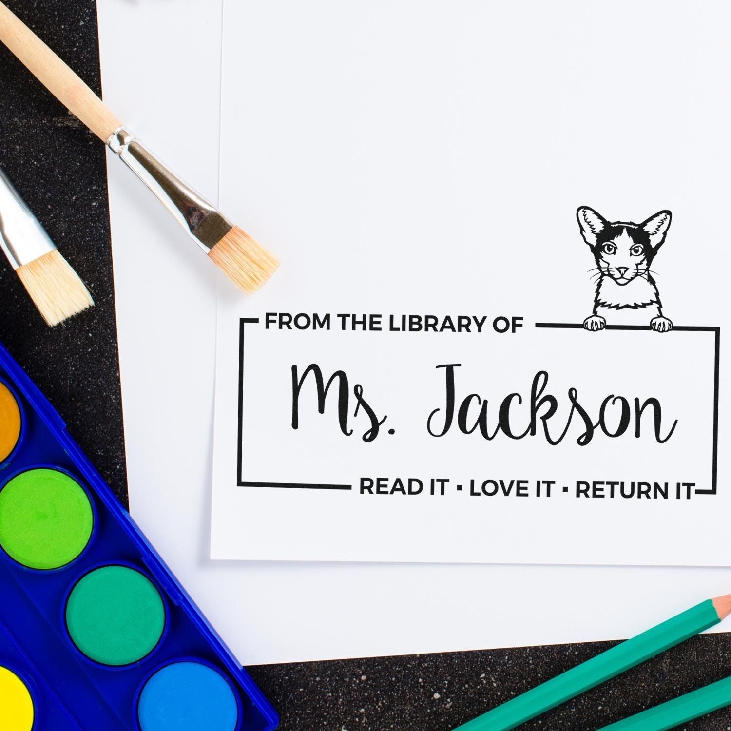 Custom Classroom Ownership Stamper with Oriental Bicolor Cat - Engineer Seal Stamps