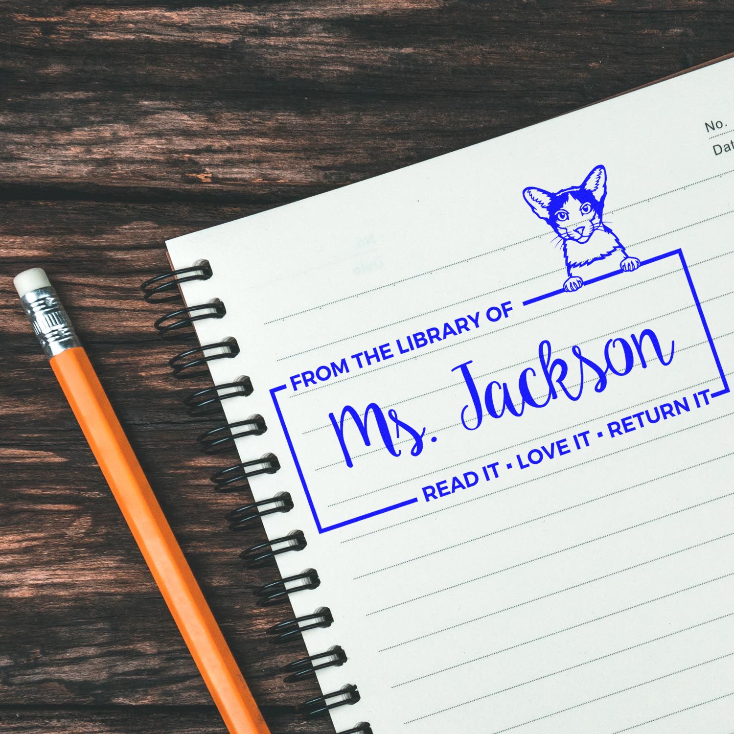 Custom Classroom Ownership Stamper with Oriental Bicolor Cat - Engineer Seal Stamps