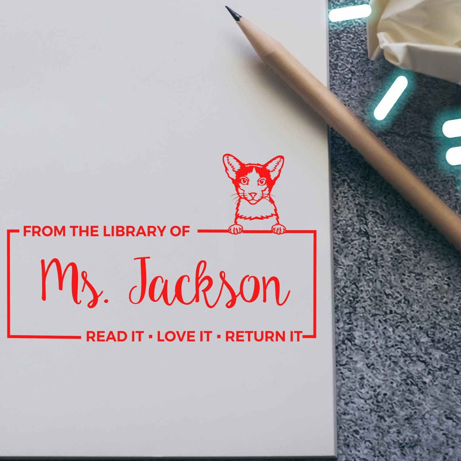 Custom Classroom Ownership Stamper with Oriental Bicolor Cat - Engineer Seal Stamps