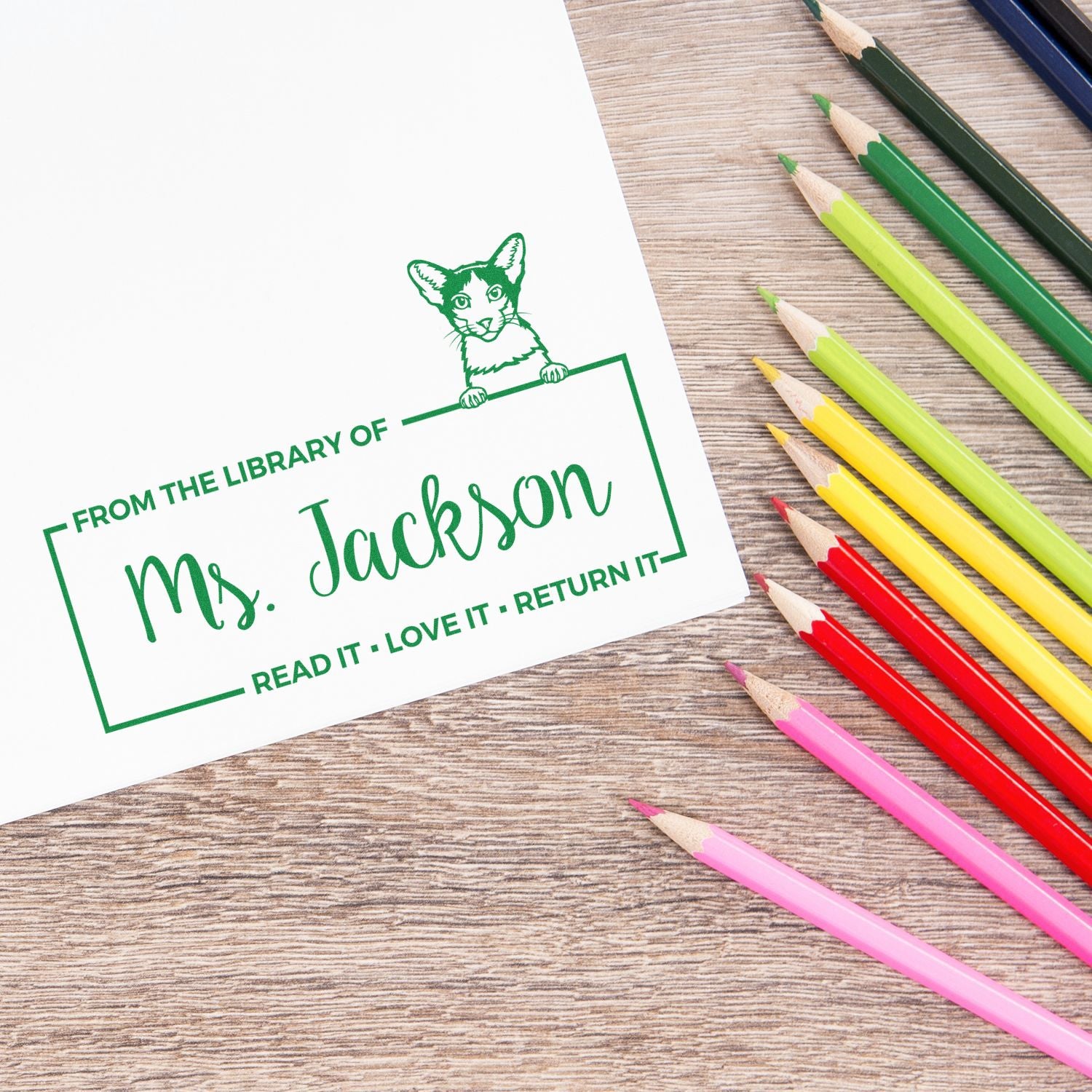 Custom Classroom Ownership Stamper with Oriental Bicolor Cat - Engineer Seal Stamps