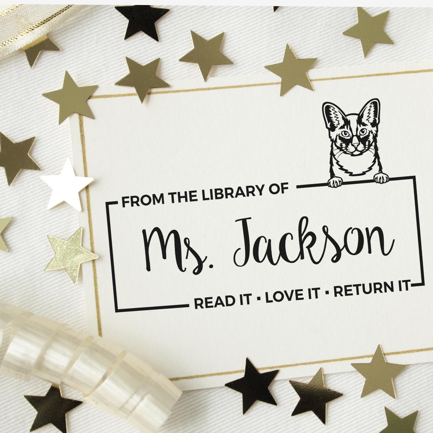 Custom Love Books, Return Books Stamp with Oriental Longhair Cat - Engineer Seal Stamps