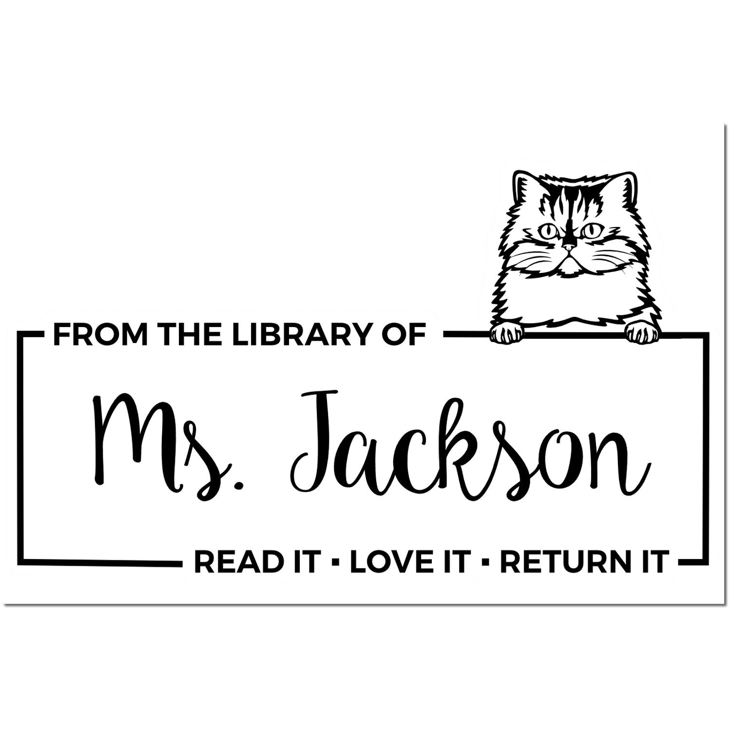 Black-and-white library stamp seal with cat, ĀMs. Jackson,Ā and text: ĀFrom the Library ofĀ and ĀRead it Ā Love it Ā Return it.Ā