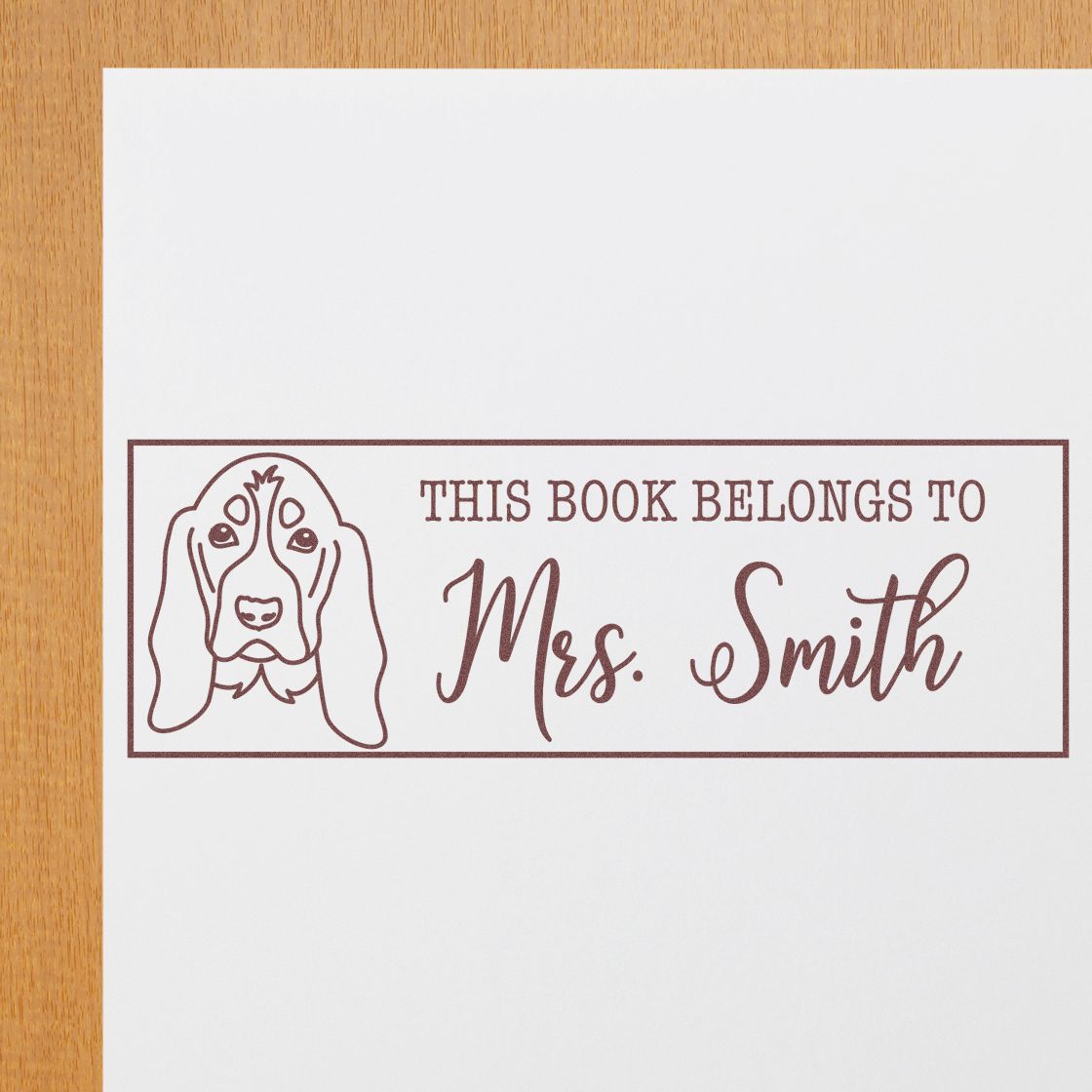 Wood Handle Basset Hound Custom Book Ownership Rubber Stamp