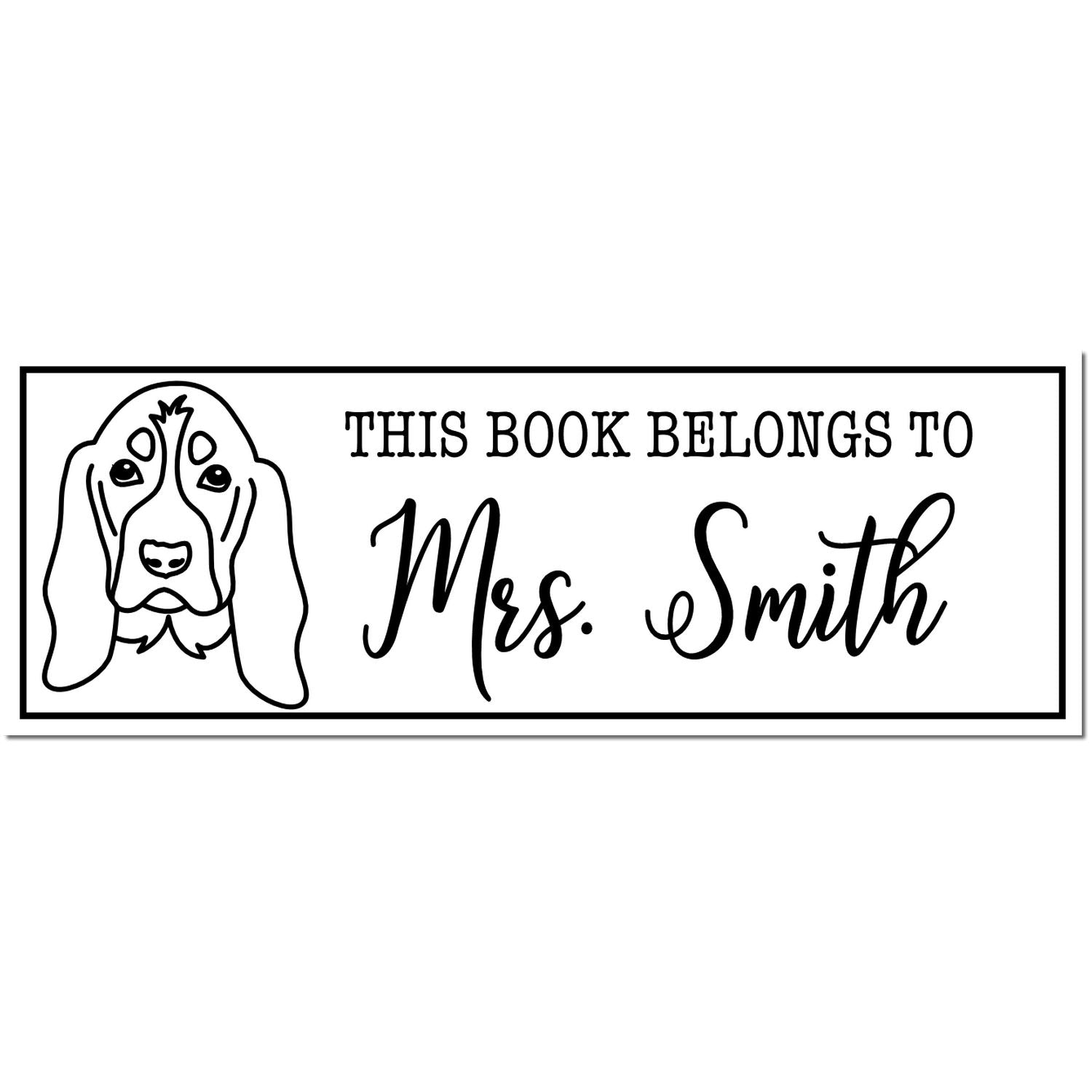 Black-and-white book stamp with dog illustration and This Book Belongs to Mrs. Smith text.