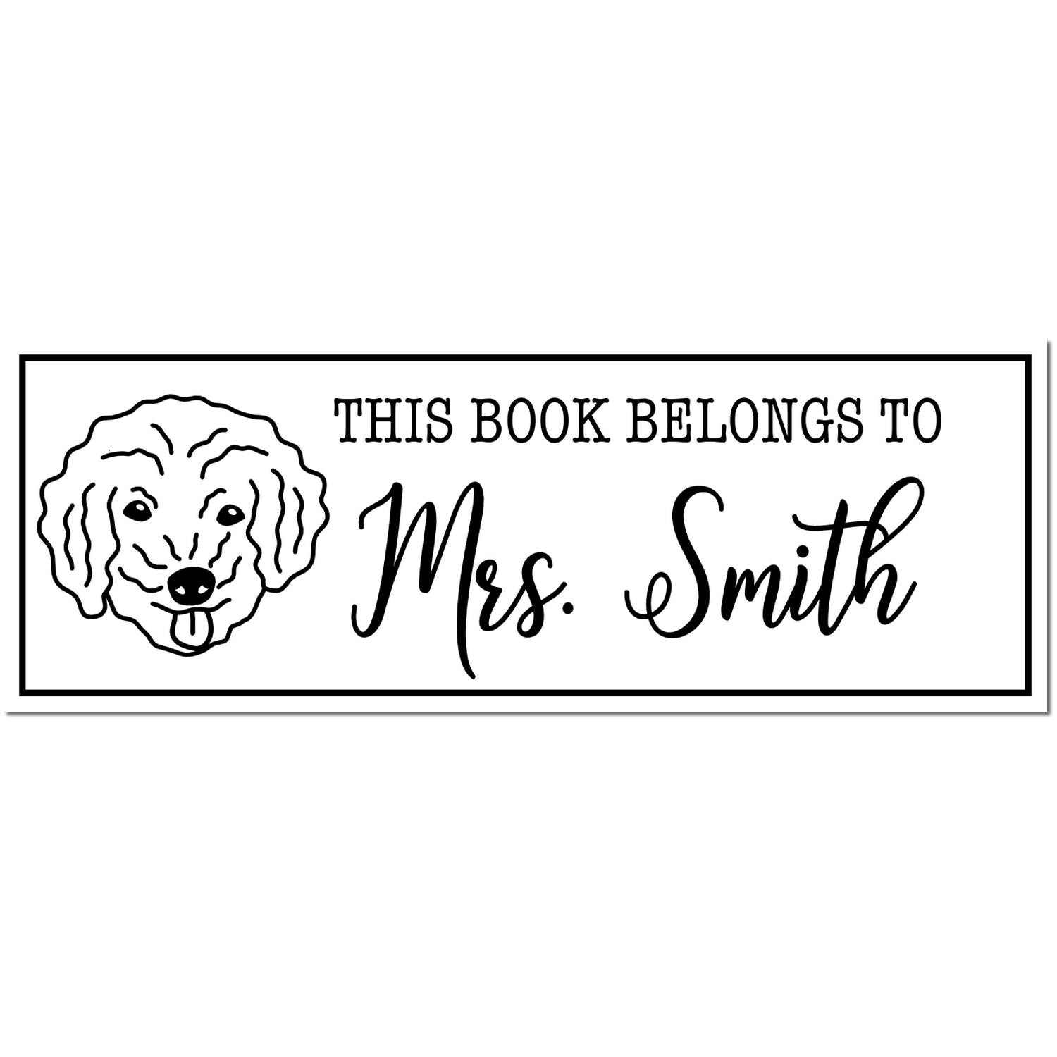 Black-and-white bookplate stamp with dog outline and text This Book Belongs to Mrs. Smith in a bordered rectangle.