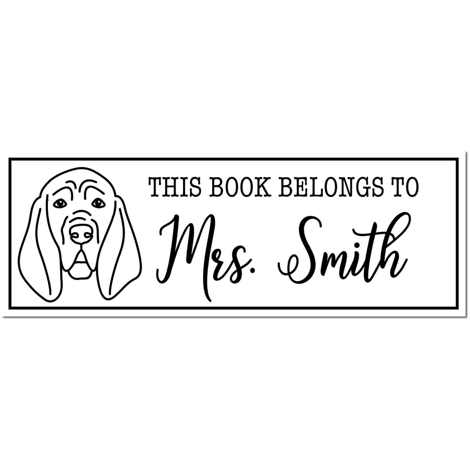 Black-and-white book ownership stamp with dog illustration and text This book belongs to Mrs. Smith.