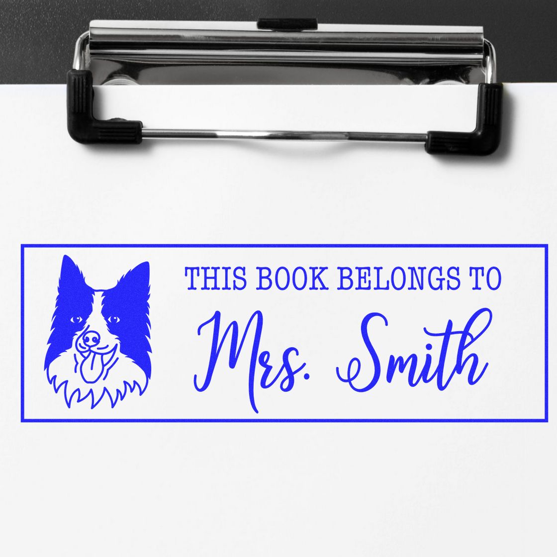 Custom Border Collie rubber stamp with wooden handle, featuring a detailed Border Collie dog image, ideal for bookplates.