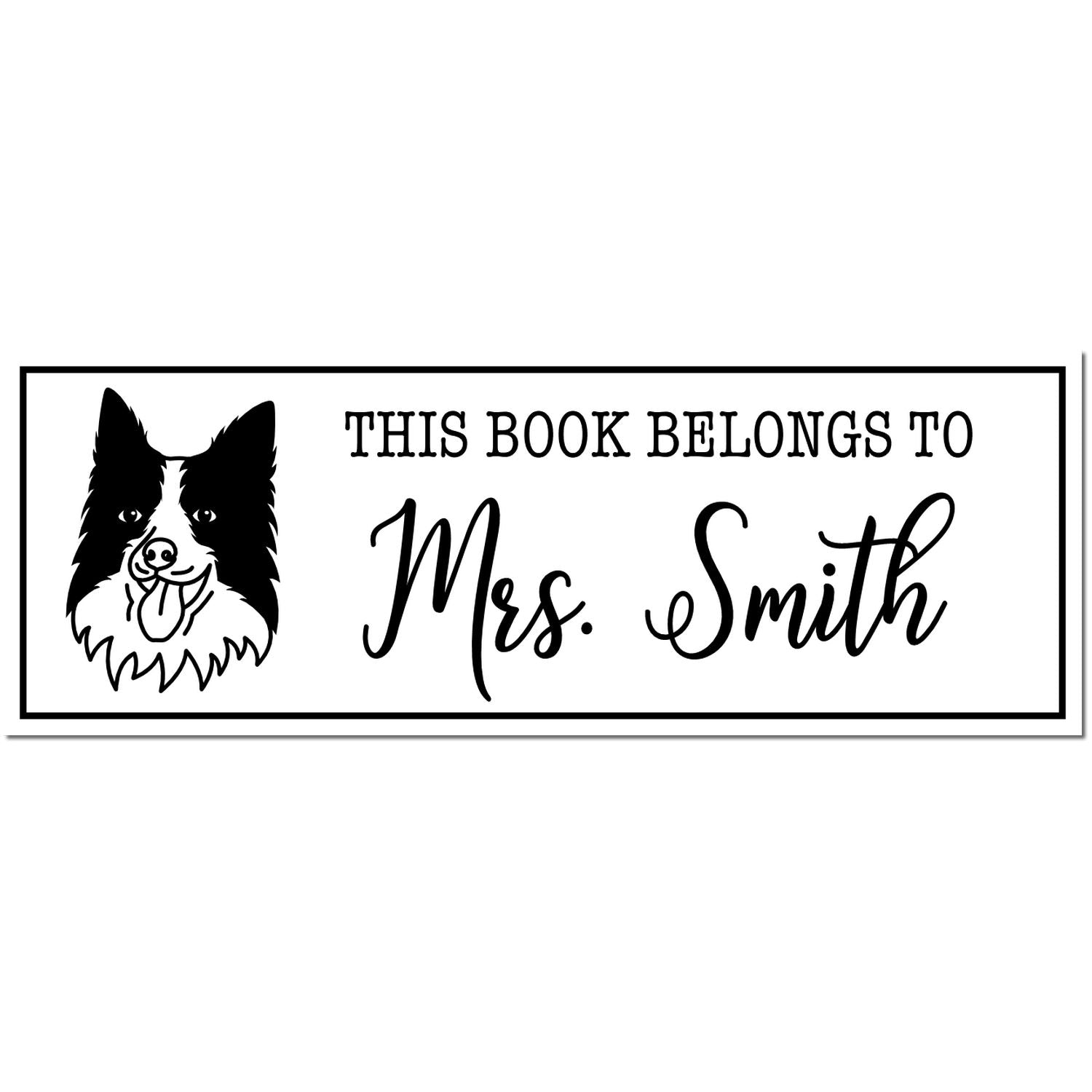 Black rubber stamp of a Border Collie with a wood handle, designed by ESS for custom dog bookplates.