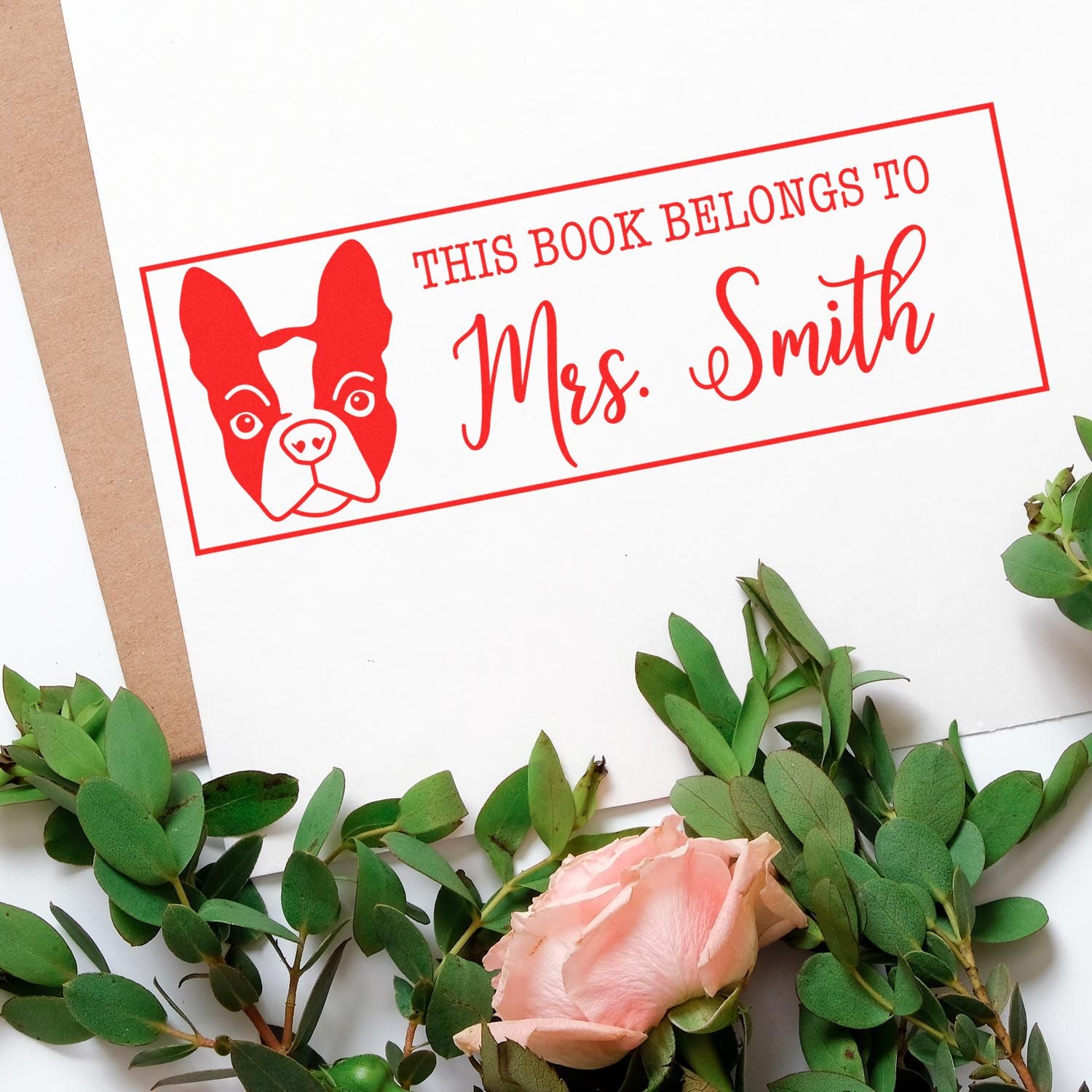 Wood Handle Boston Terrier Custom Book Belongs To Rubber Stamp