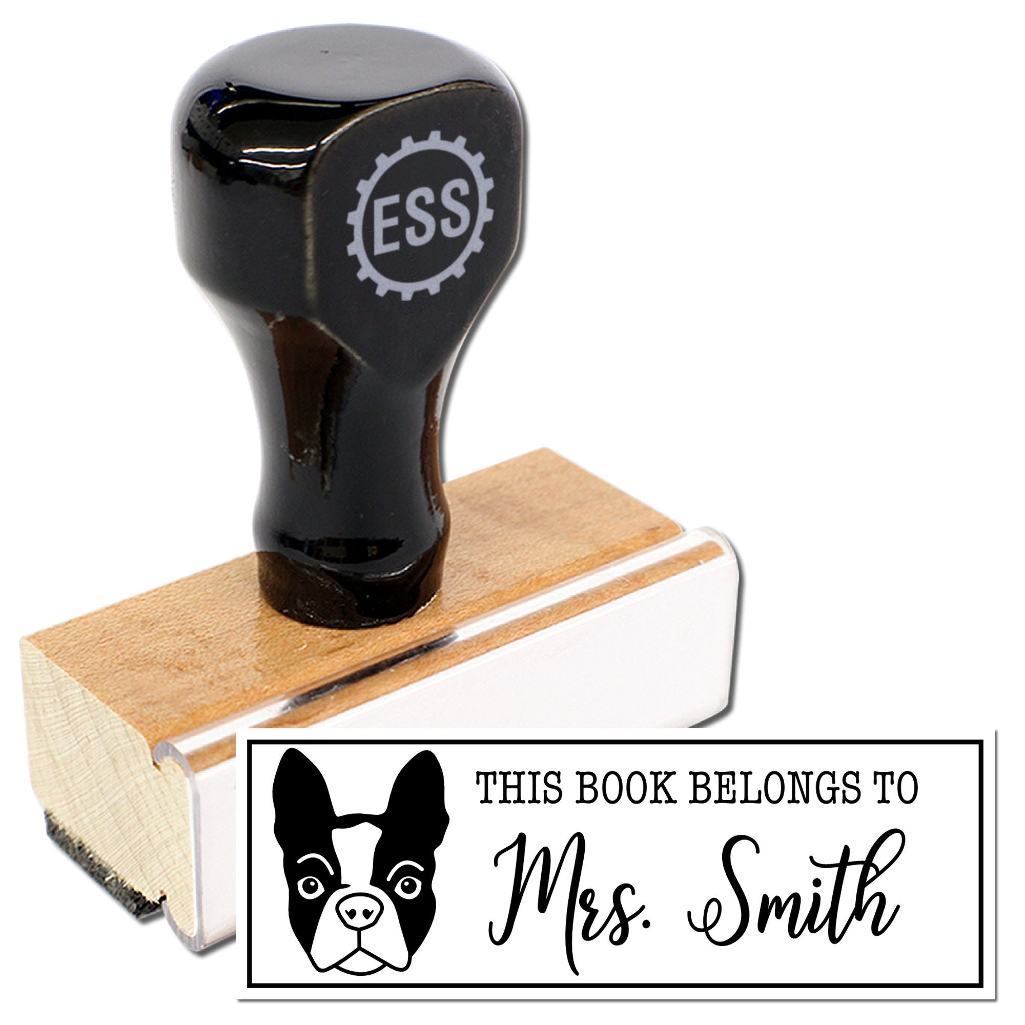 Wood Handle Boston Terrier Custom Book Belongs To Rubber Stamp