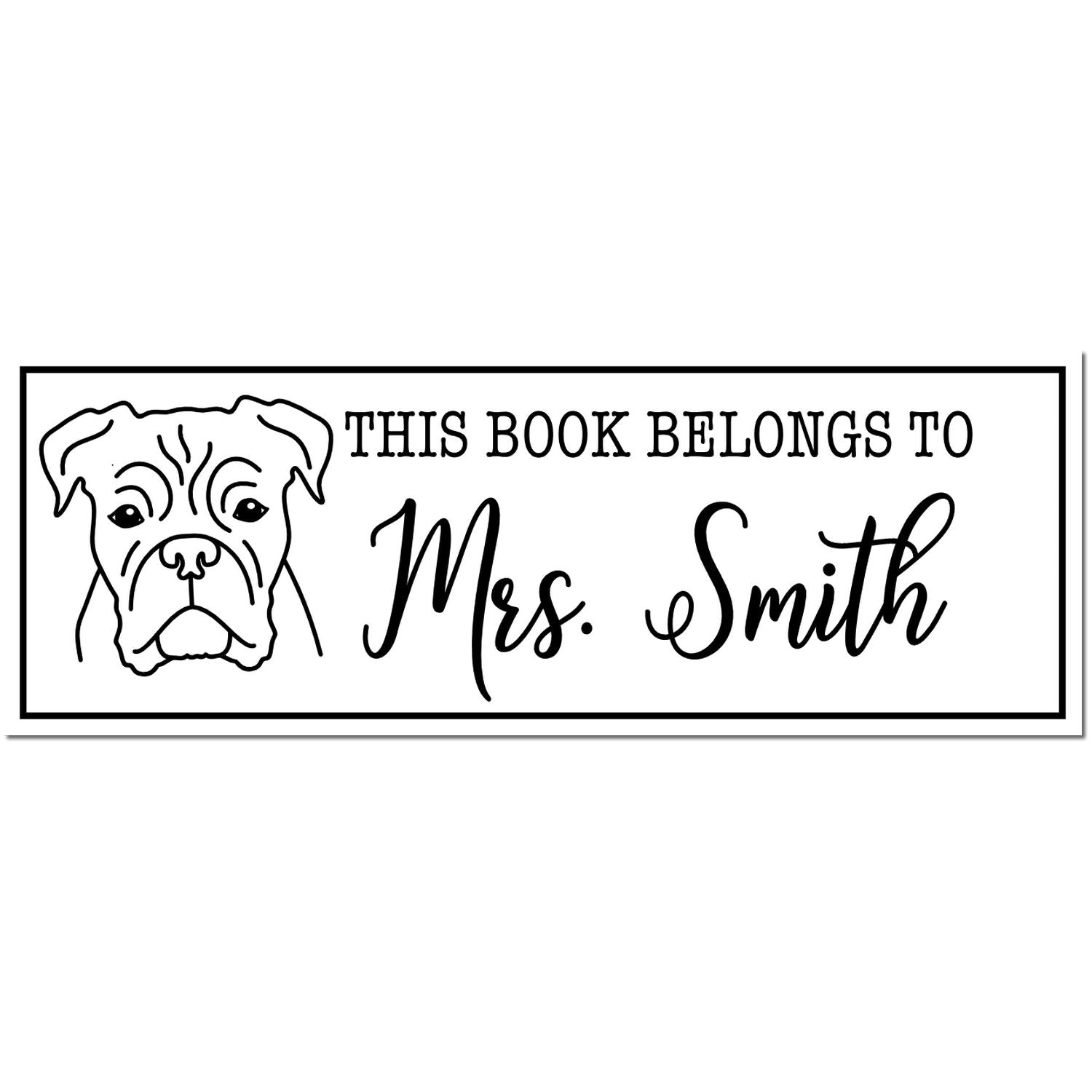 Black rubber dog stamp with wood handle featuring Boxer breed imprint, ideal for custom book identification by ESS.