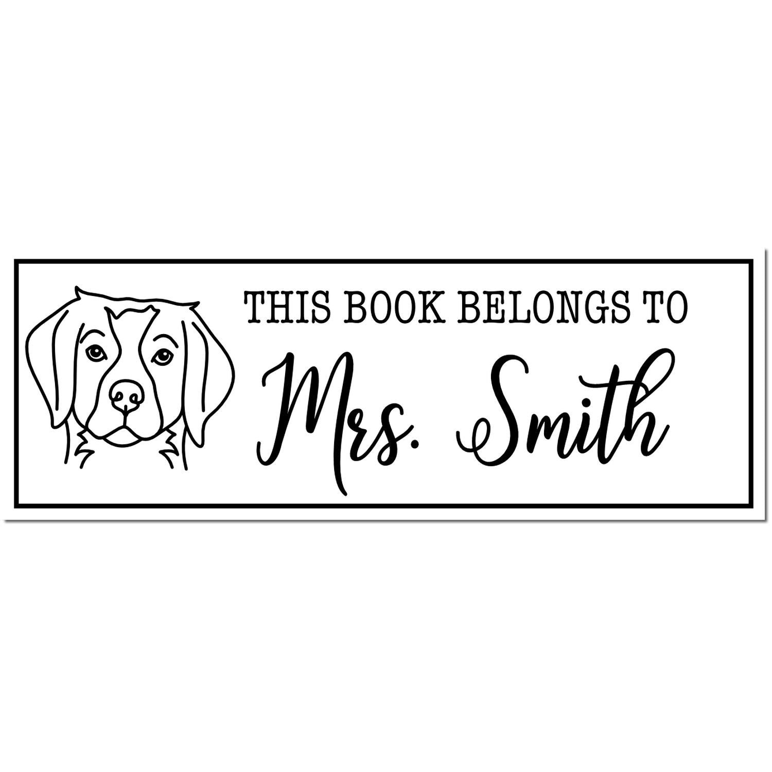 Black-and-white book stamp with dog illustration and This Book Belongs to Mrs. Smith text.