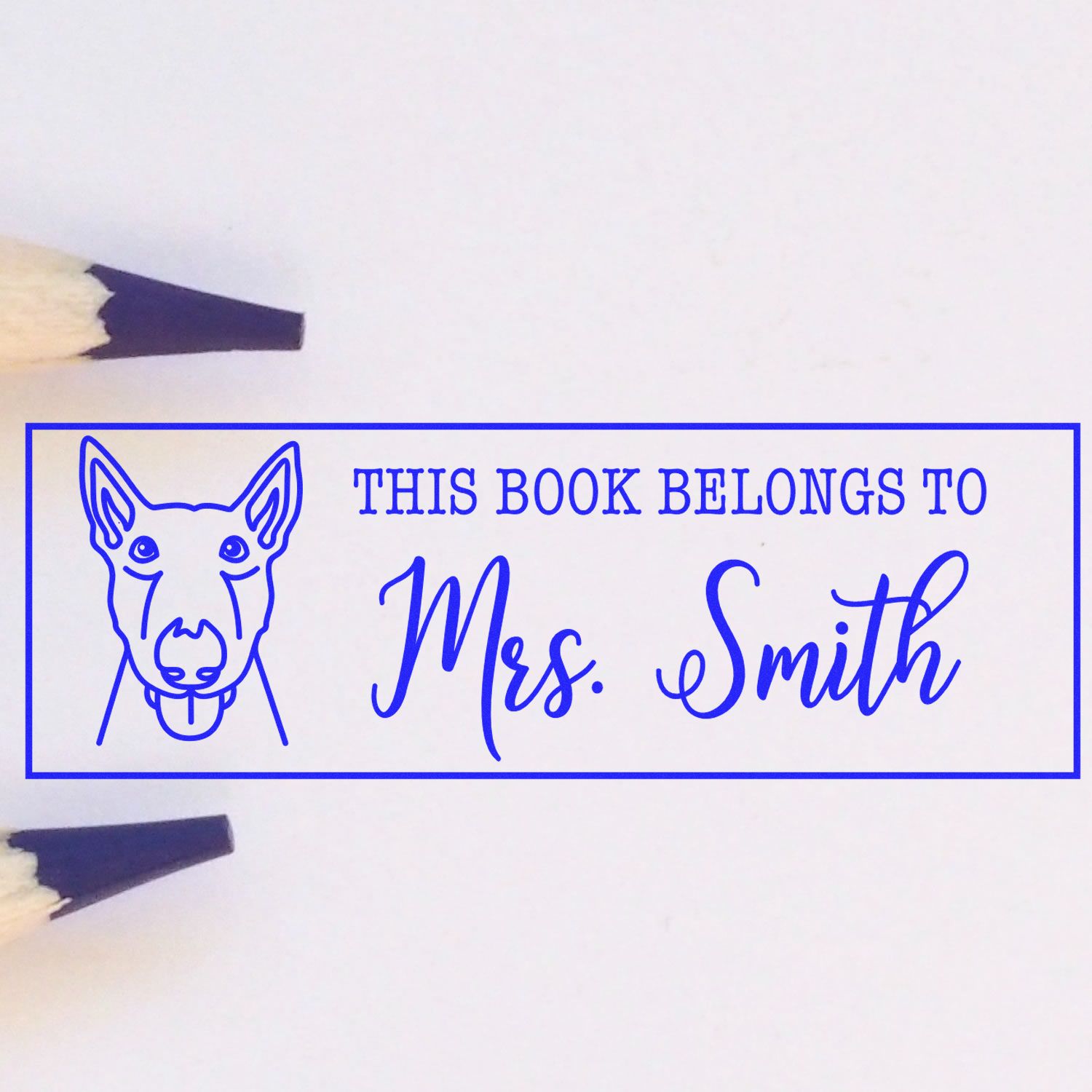 Blue custom book stamp/seal with dog illustration and This Book Belongs to Mrs. Smith on white paper.