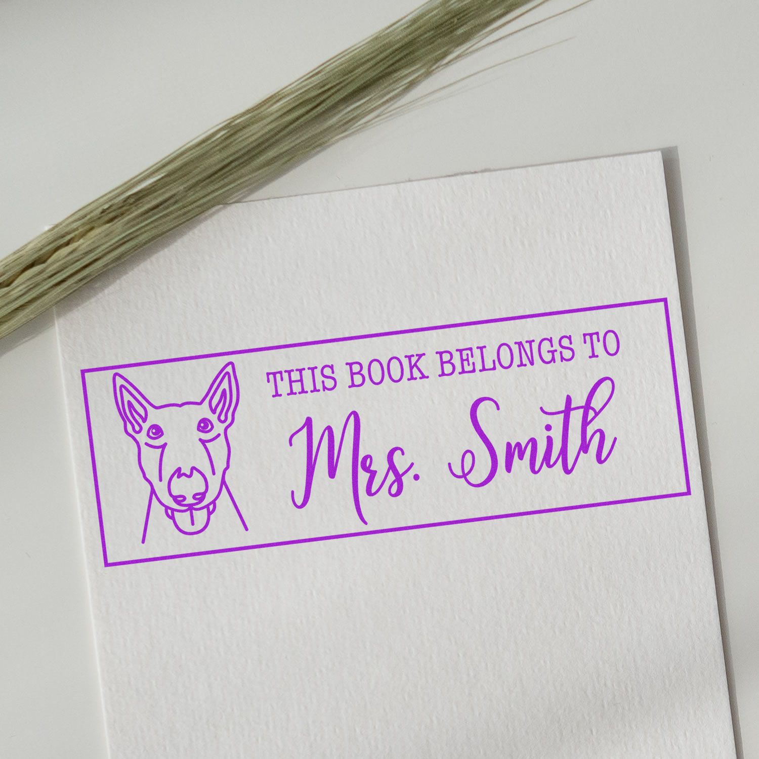 Purple custom self-inking book stamp with dog outline and This book belongs to Mrs. Smith on white paper.