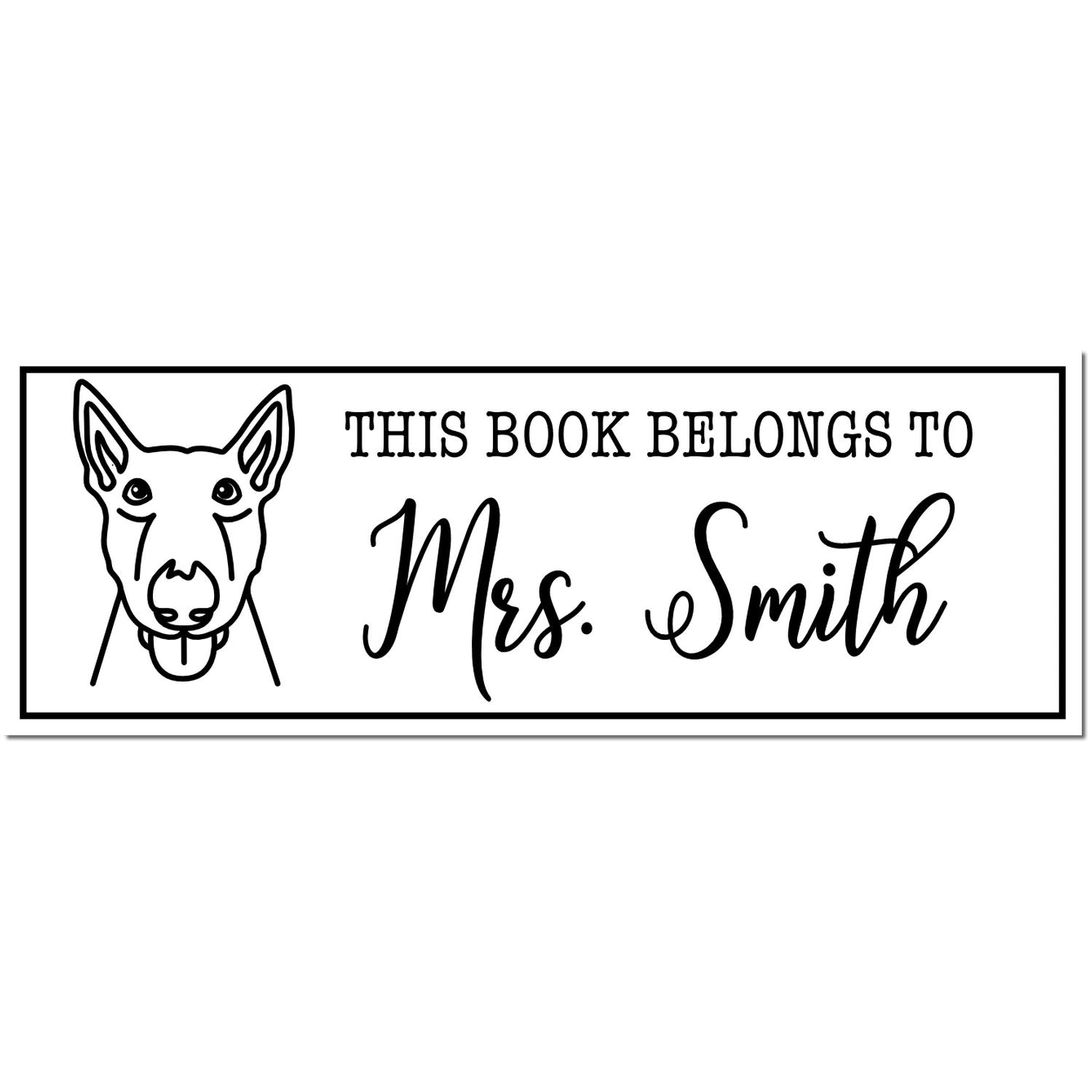 Black-and-white custom book stamp with dog illustration and This book belongs to Mrs. Smith text.