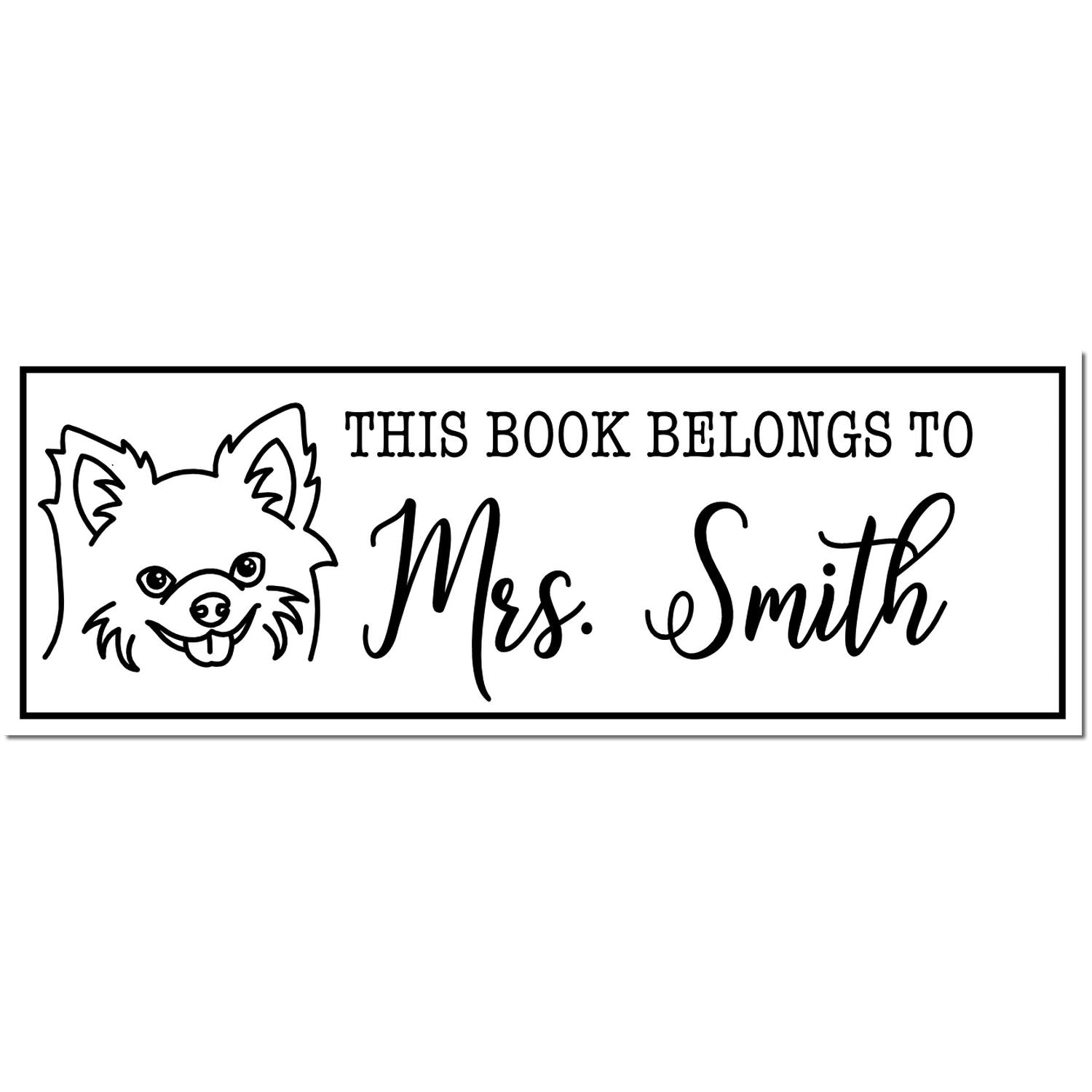 Black-and-white custom book stamp seal with dog illustration and This Book Belongs to Mrs. Smith text.