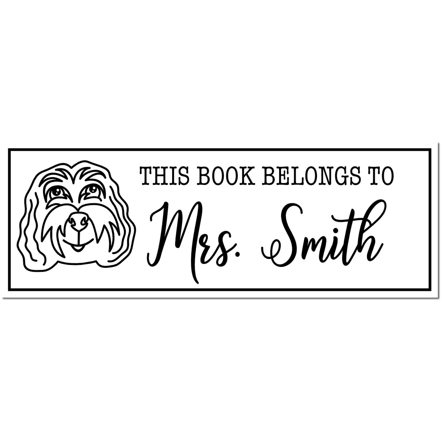 Black-and-white book stamp/seal with dog illustration and This Book Belongs to Mrs. Smith inside a bordered rectangle.