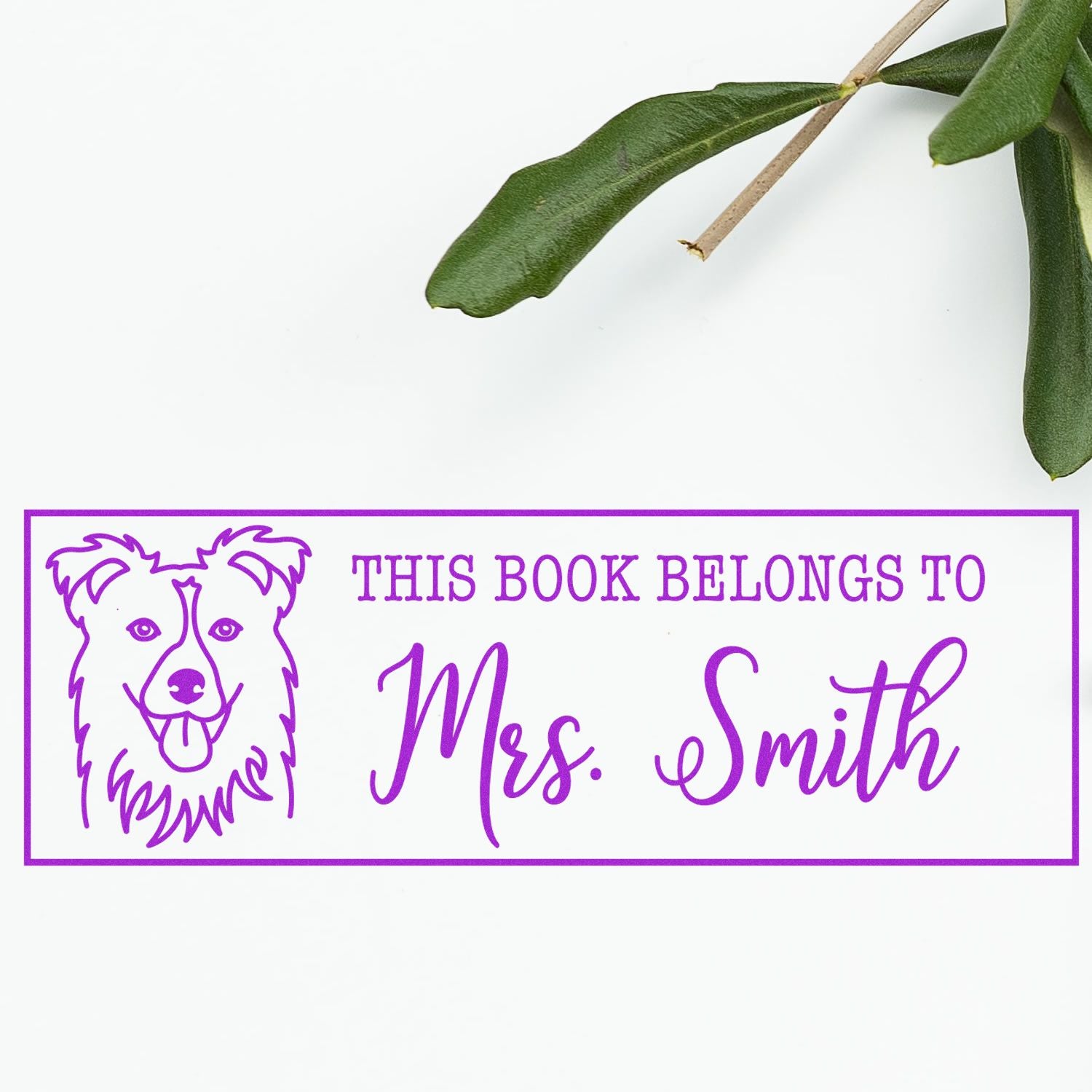 Purple self-inking book stamp with dog outline and This Book Belongs to Mrs. Smith on a white background with green leaves.