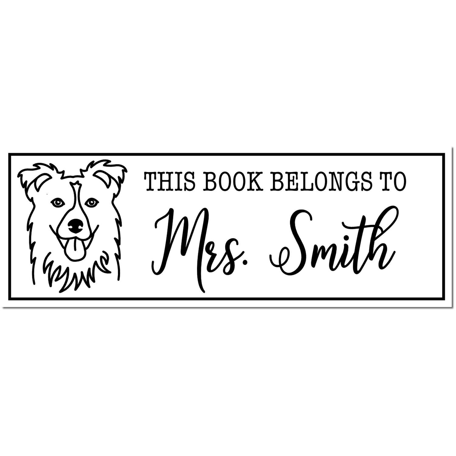 Black-and-white custom book stamp with dog illustration and This Book Belongs to Mrs. Smith text.